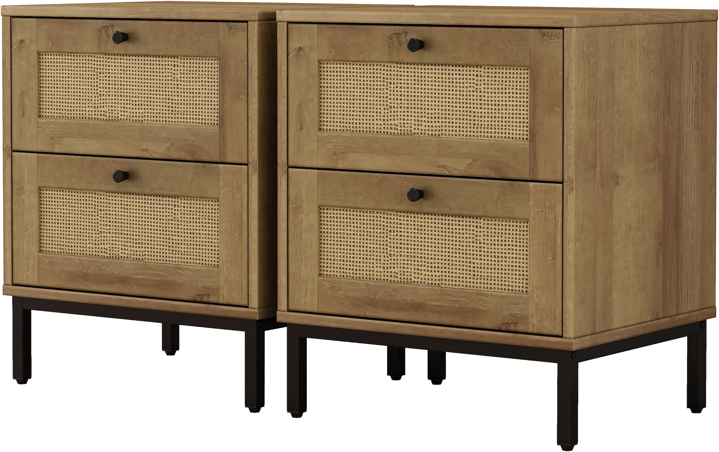 OTTO home Nachtkommode »Motala Nachtschrank Set BOHO Style mit Geflecht Schubladen Bestseller« Set, 2 Schränke im Set - Eichen-Design mit schwarzen Griffen, 