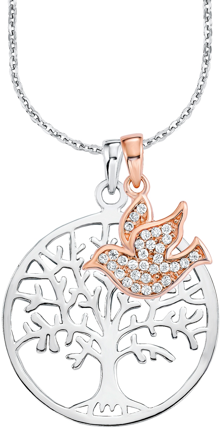 Kette und Anhänger Set AMOR "Lebensbaum/Taube", rosa (silber, 925, roségoldfarben, kristallweiß), Schmuck_Sets, Damen, Silber 925 (Sterlingsilber), mit Zirkonia (synth.) 10