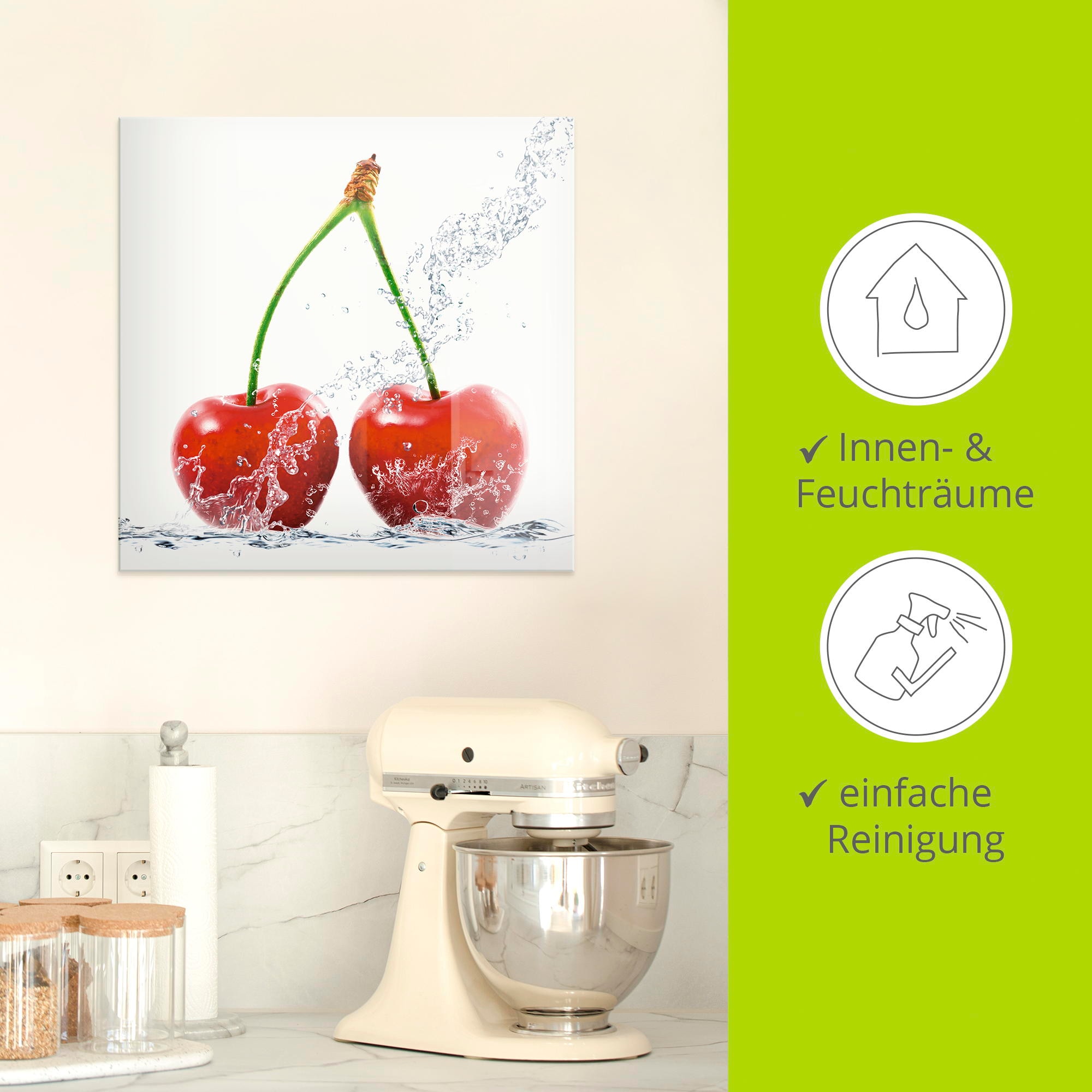 Artland Glasbild »Kirschen mit Spritzwasser«, Lebensmittel, (1 St.)