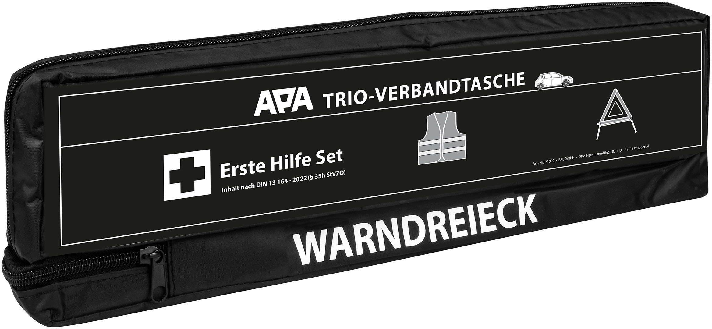 APA KFZ-Verbandtasche "TRIO-Verbandstasche mit Warndreieck und Warnweste", B:44cm H:8cm L:13cm, schwarz, Erste-Hilfe-Sets
