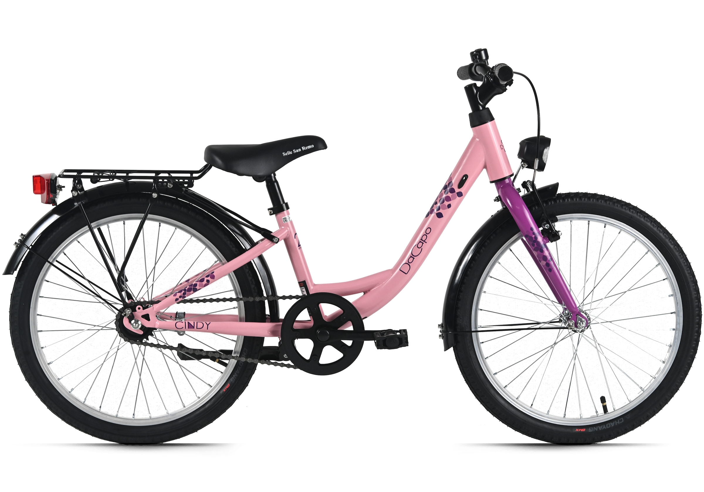 DACAPO Kinderfahrrad "20" Cindy Rosa 1 Gang RH 27 cm mit Beleuchtung - Ab 6 Jahre", 27cm, 20 Zoll (50,80cm) hinten: 20 Zoll (50,80cm)rosa, lila,