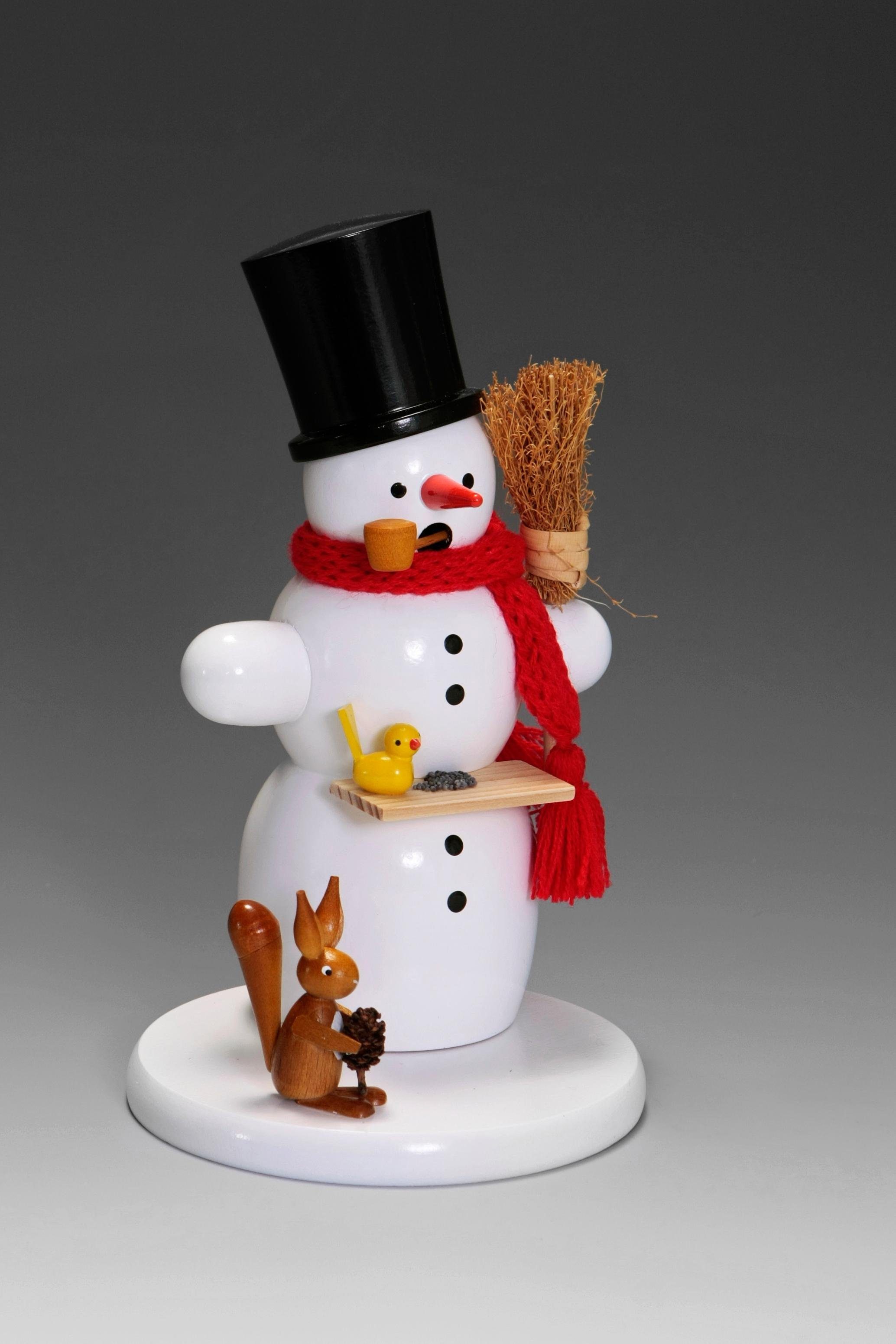 ALBIN PREISSLER Räuchermännchen "Schneemann mit Eichhörnchen, Handwerkskunst aus dem Erzgebirge", H:18cm L:9cm T:9cm, weiß, Räucherdeko,