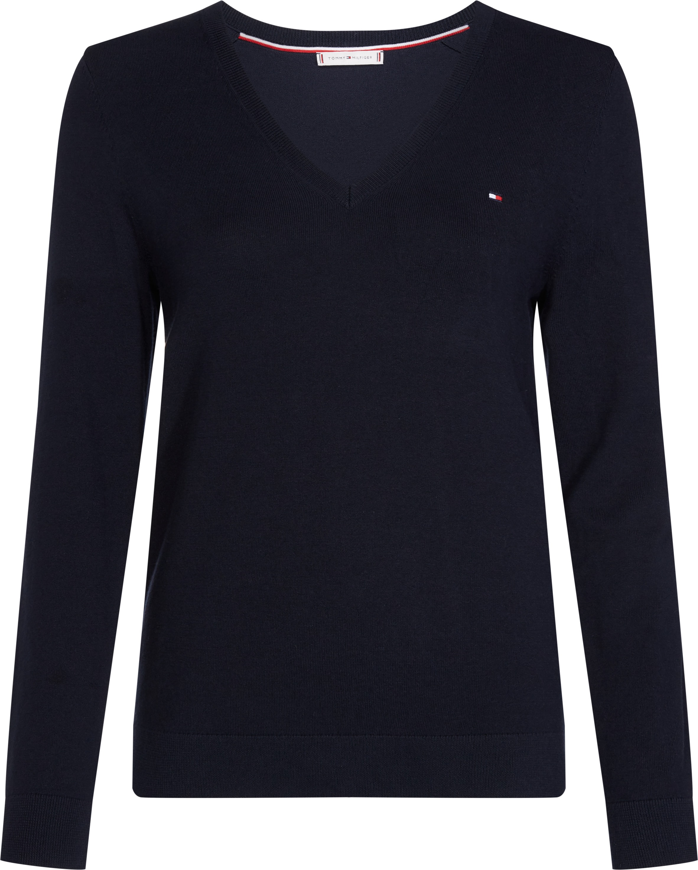 Tommy Hilfiger V-Ausschnitt-Pullover »CO JERSEY STITCH V-NK SWEATER«, Kontrastfarbene Streifen im Ausschnitt und Logo Stickerei am Ärmel