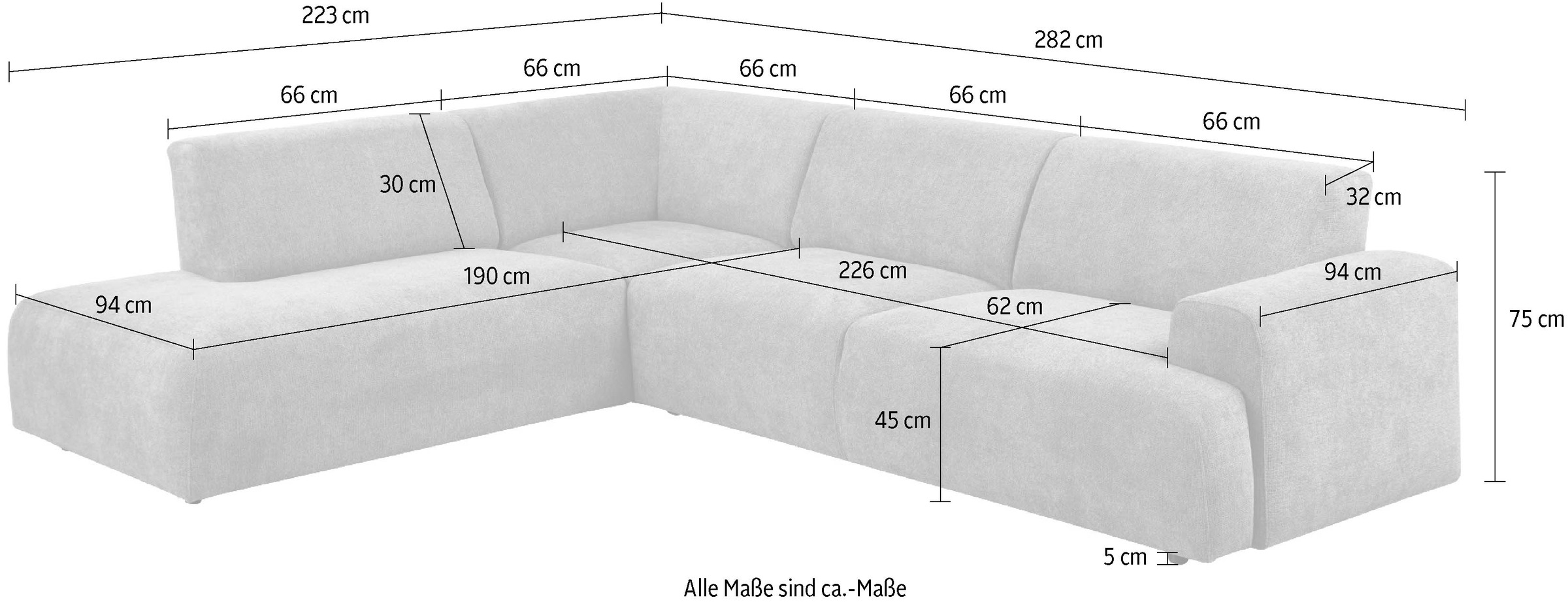 andas Ecksofa »Linkka, Breite 282 cm«, L-Form, in einem weichen Chenille-Stoff, mit Wellenunterfederung
