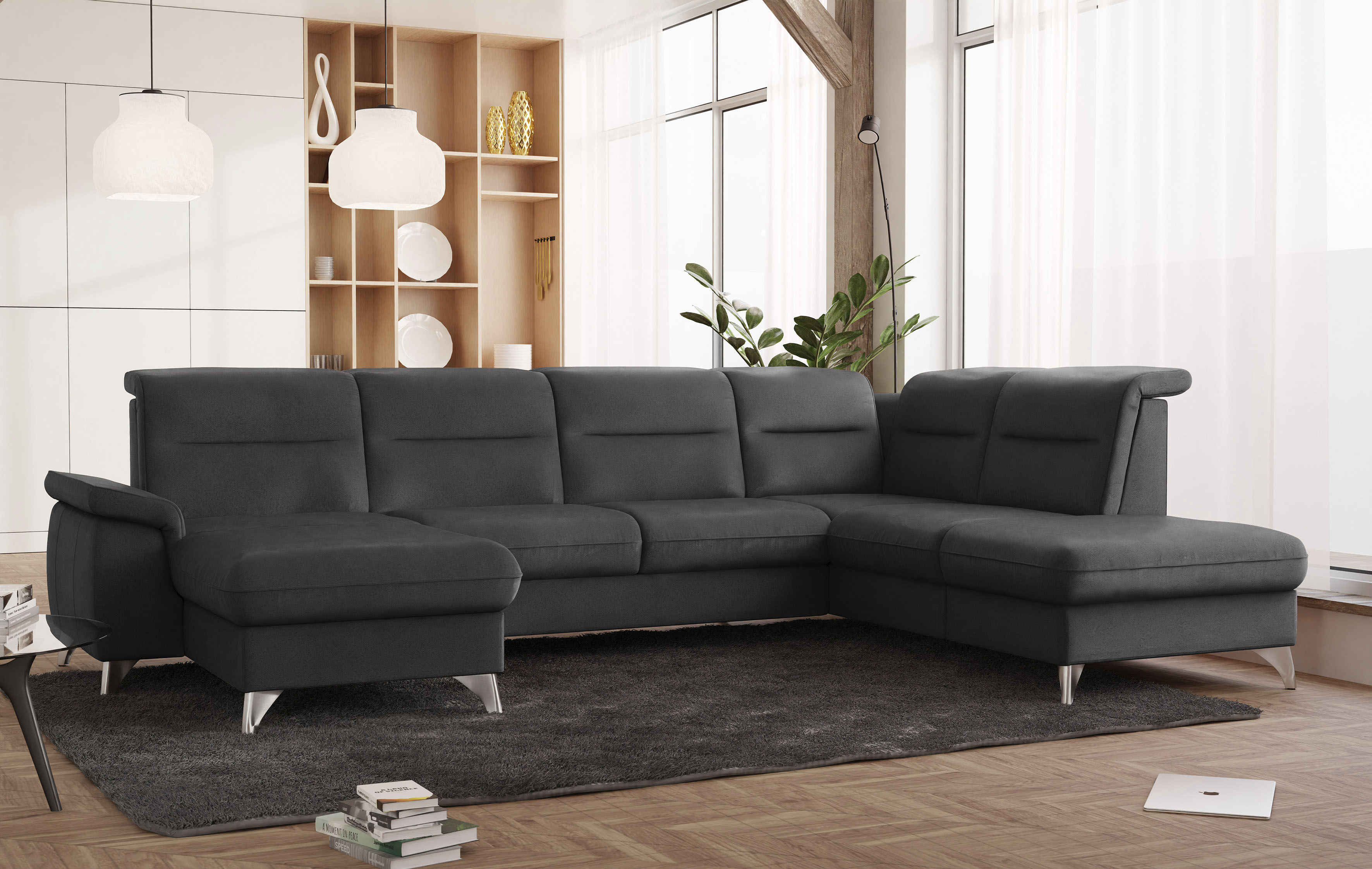 Wohnlandschaft SIT & MORE, B:327cm H:91cm T:225cm, grau, 100% Polyester, Sofas, "Astoria U-Form", wahlweise mit motorischer Relaxfunktion