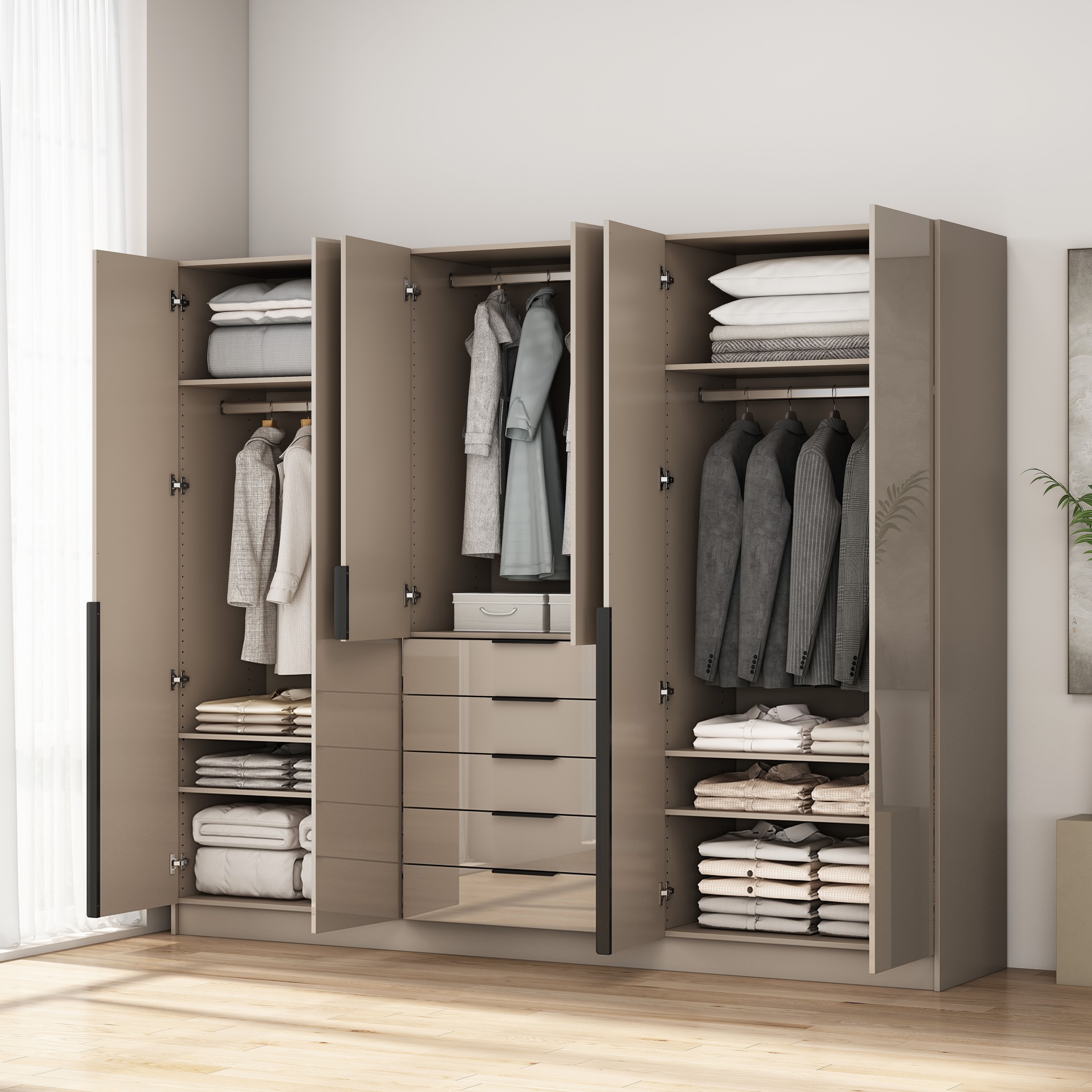 OTTO home Kleiderschrank »Annor Schlafzimmerschrank Breite 242cm hochglanz Schrank Garderobe« Drehtürenschrank mit perfekter Innenausstattung - elegante Türgriffe