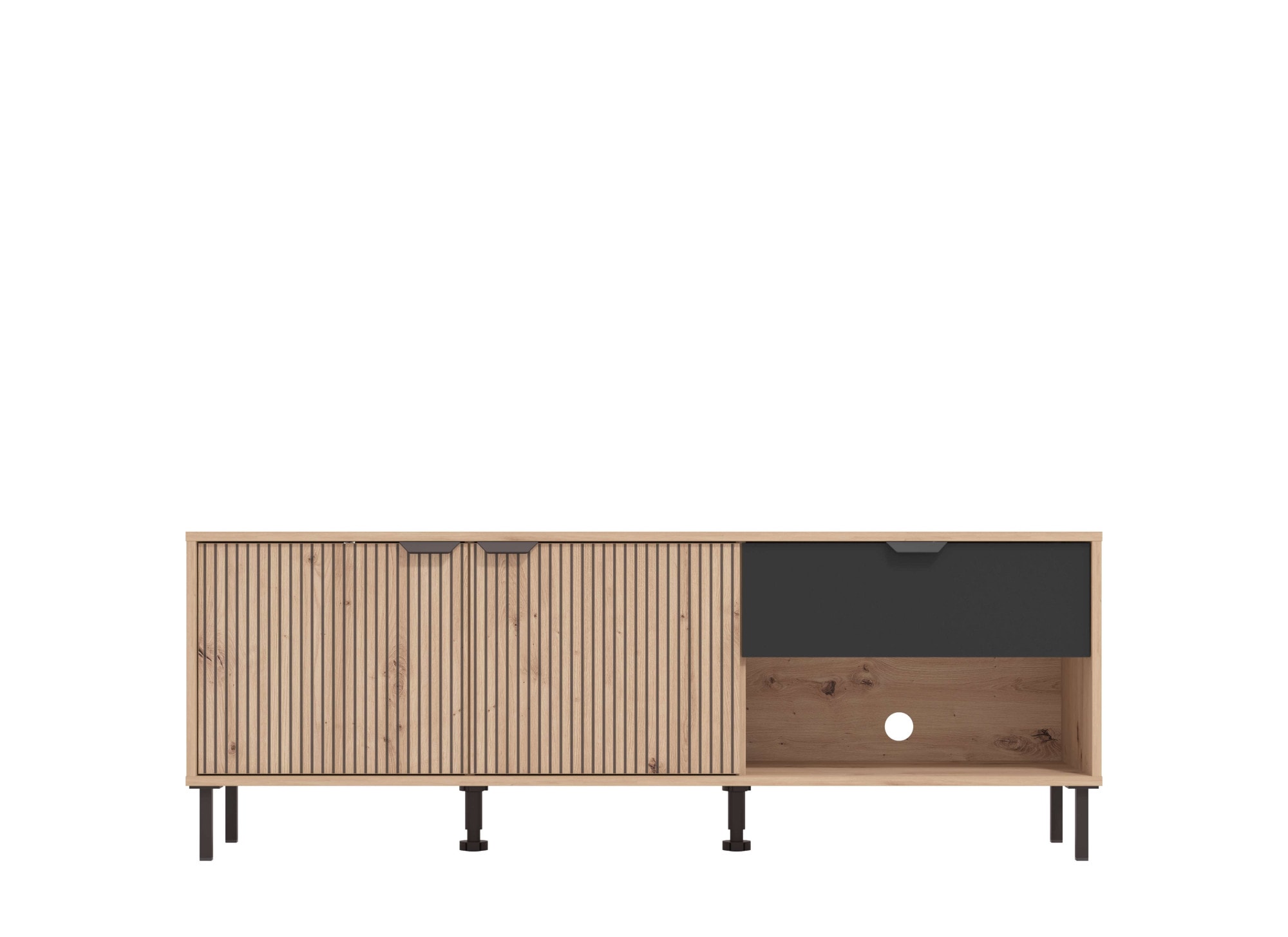 Home affaire Lowboard »Mayenne TV-Lowboard, Breite 150 cm, TV-Schrank, TV-Ständer«, TV-Kommode mit dekorativen schwarzen Streifen, in Artisan Eiche