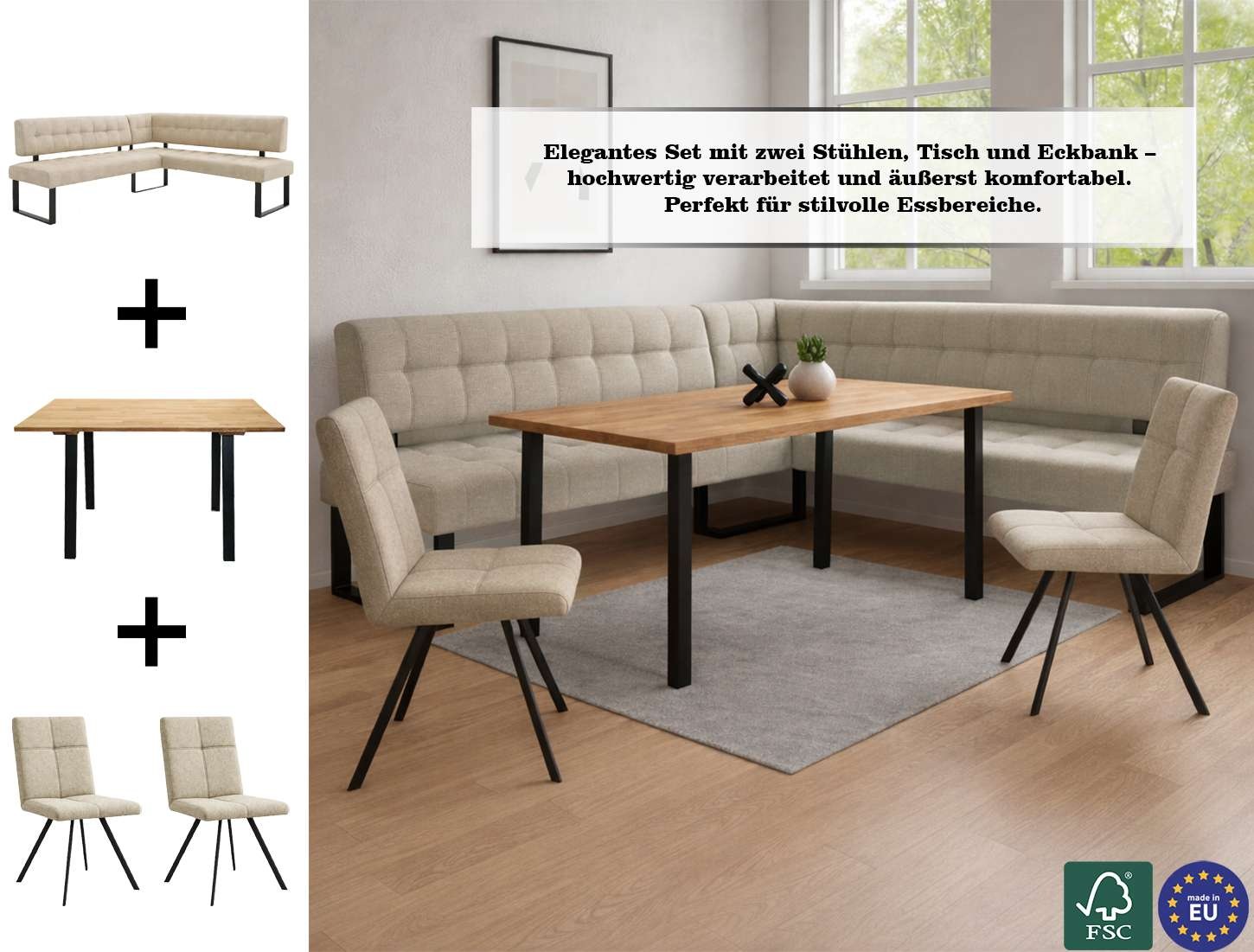 Thumbnail - Home affaire Eckbankgruppe "Mia Essecke, Sitzgruppe, Eckbankgruppe, Küchenbankgruppe" Set, 4er, 4 tlg. Eckbank mit Welle...