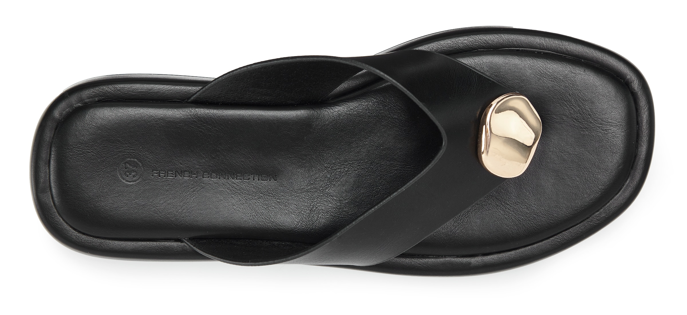 French Connection Zehentrenner »Sandale, Pantolette, offener Schuh, Sommerschuhe«  NEU mit goldfarbenem Schmuckelement und bequemer Sohle VEGAN