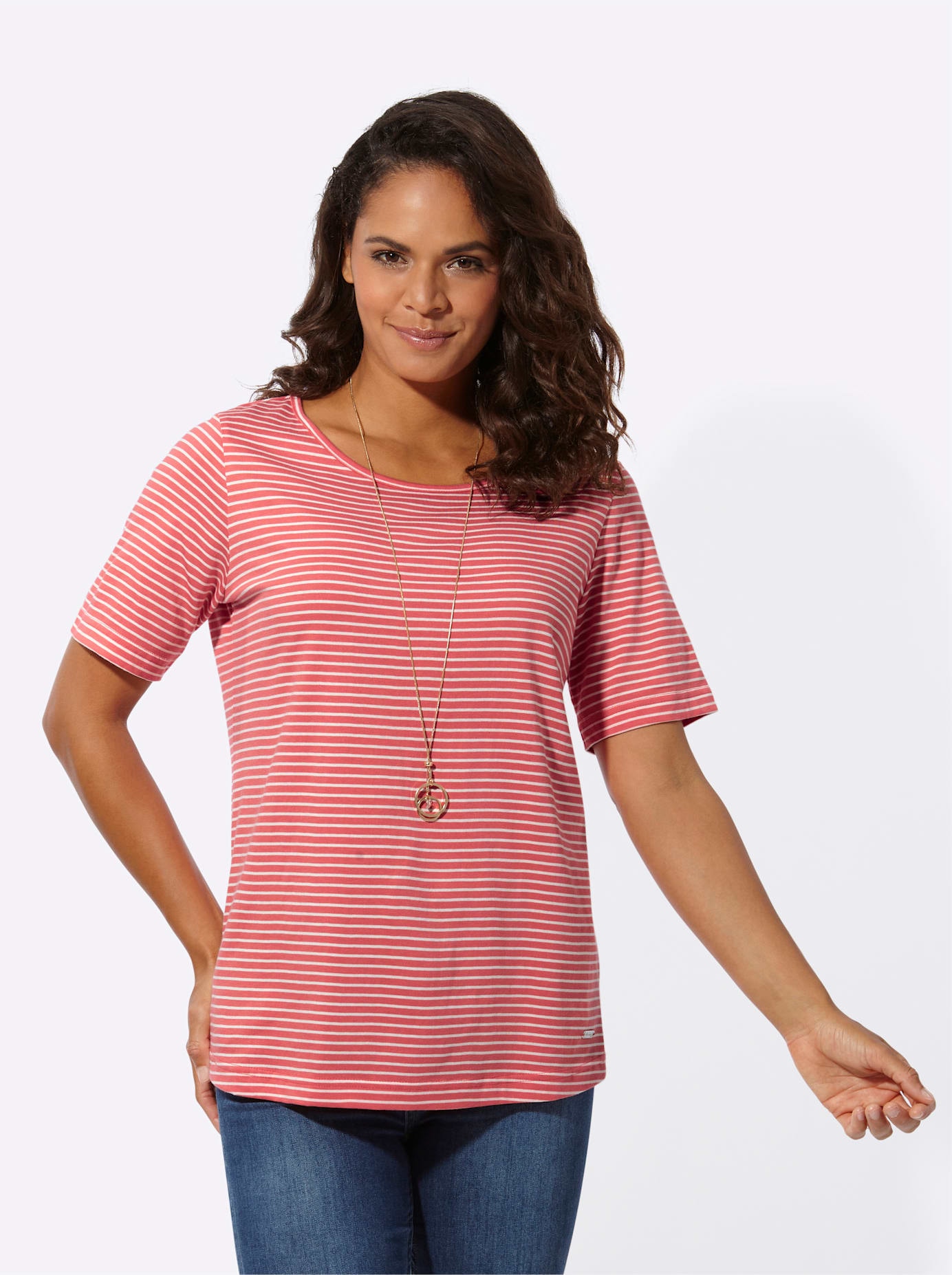 Kurzarmshirt CASUAL LOOKS "Ringelshirt", Damen, Gr. 40, rot (koralle, ecru, geringelt), 100% Baumwolle, gemustert, mehrfarbig, Rundhals, Shirts