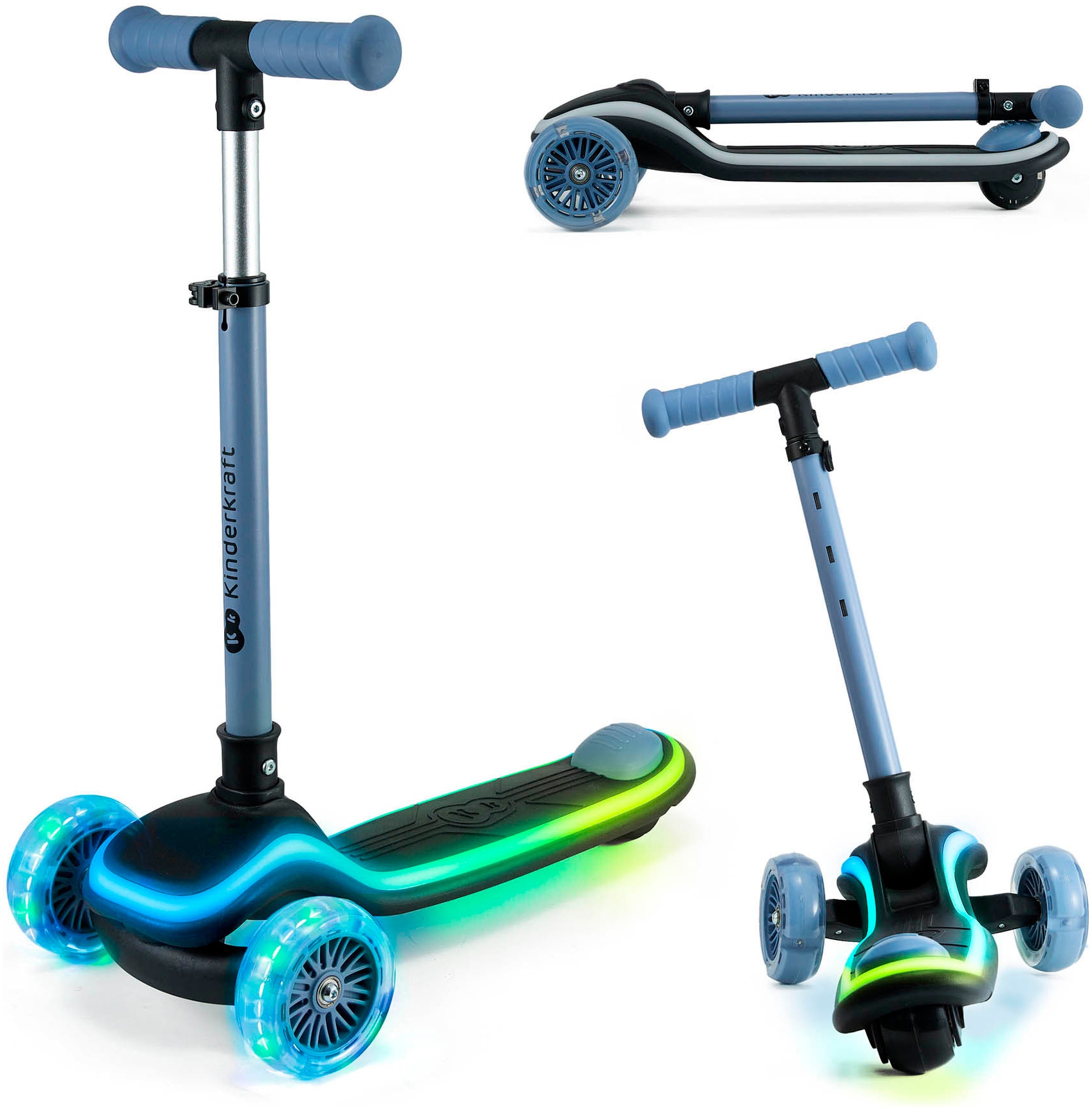 KINDERKRAFT Kinder Tretroller "RAKET", blau, B:28cm, Roller, für Kinder; mit Bremse und leuchtenden Vorderrädern