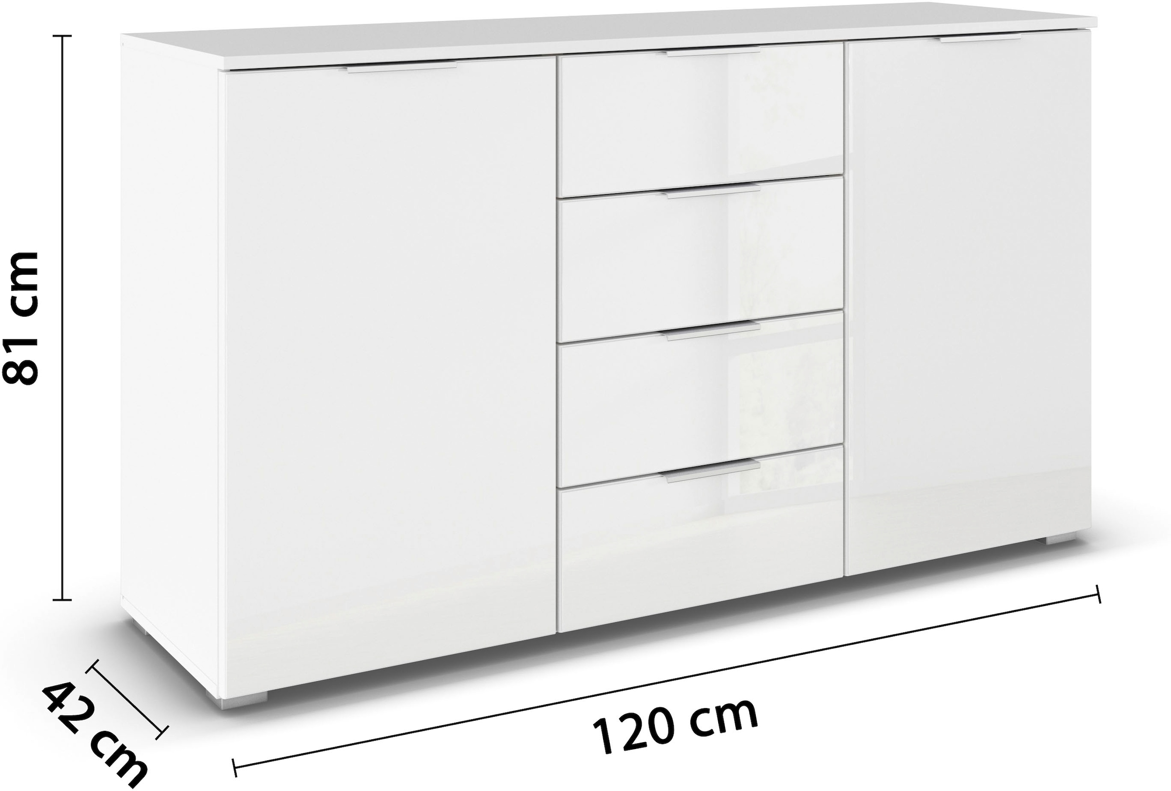 rauch Kombikommode »Sideboard Kombikommode Schubladenkommode AGORDO mit Glasfront«, (in zwei Griff-Farben, Breite 120 cm inkl. Soft-Close-Funktion), vier große Schubladen, mit insgesamt 4 Einlegeböden MADE IN GERMANY