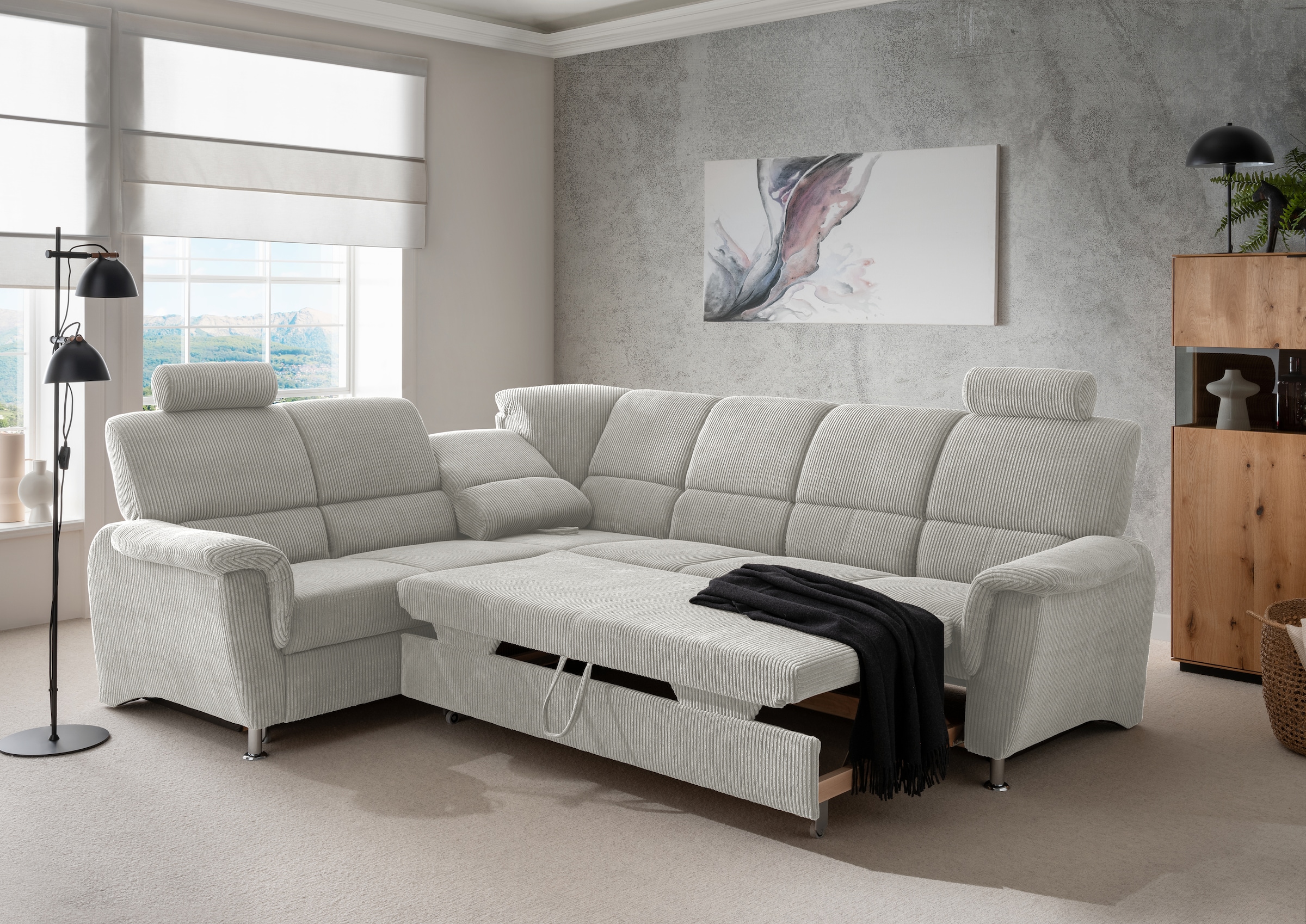 Home affaire Ecksofa »Pisa L-Form, mit Schlaffunktion, Stauraum, 2x höhenverstellbare«, Kopfstützen und Relaxfunktion im Eckelement