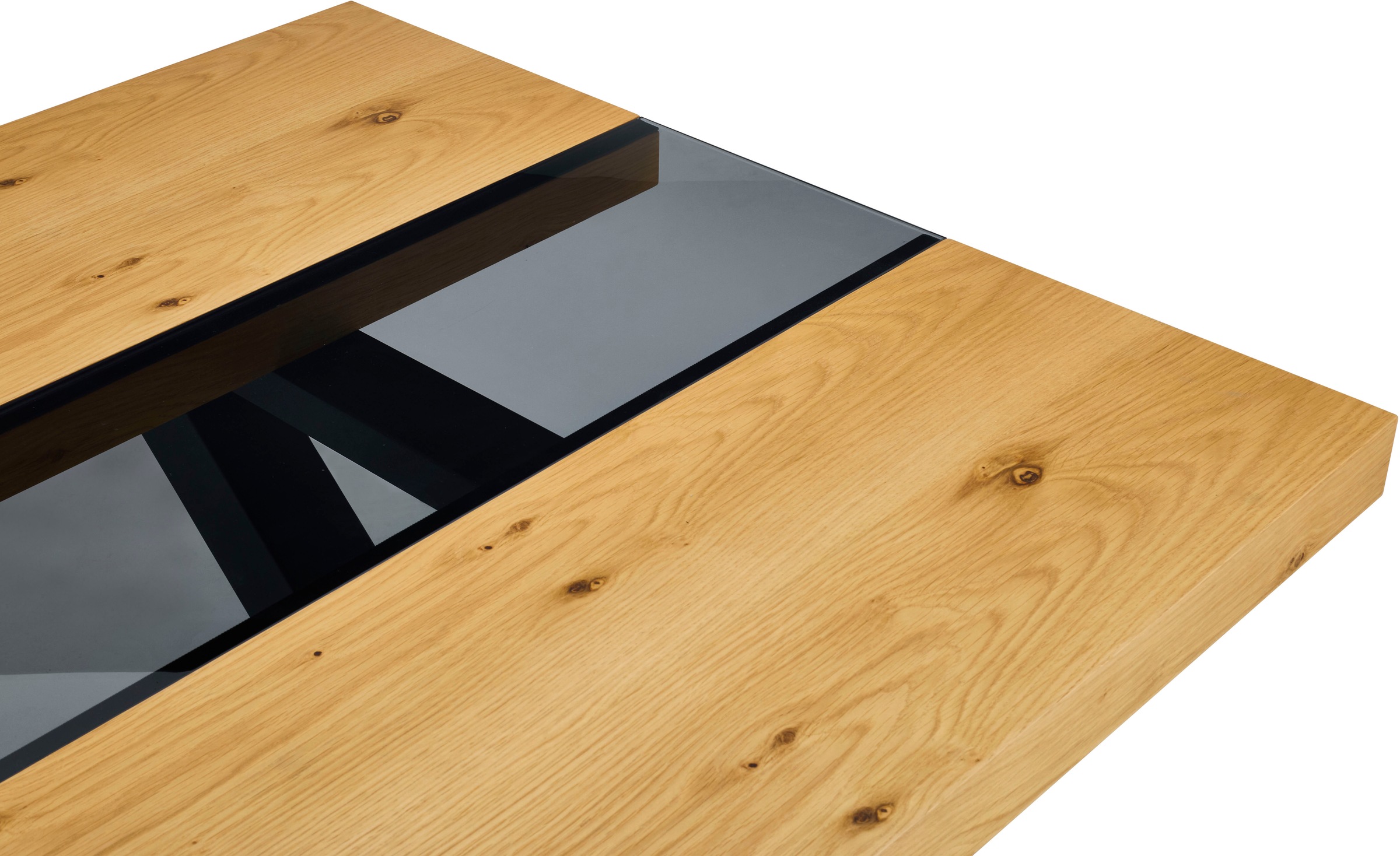 OTTO home Esstisch »TRAPANI« 1 Stk. tlg. 3-tlg. Platte, Rauchglaseinlage, X-Gestell Metall, Echtholz furniert