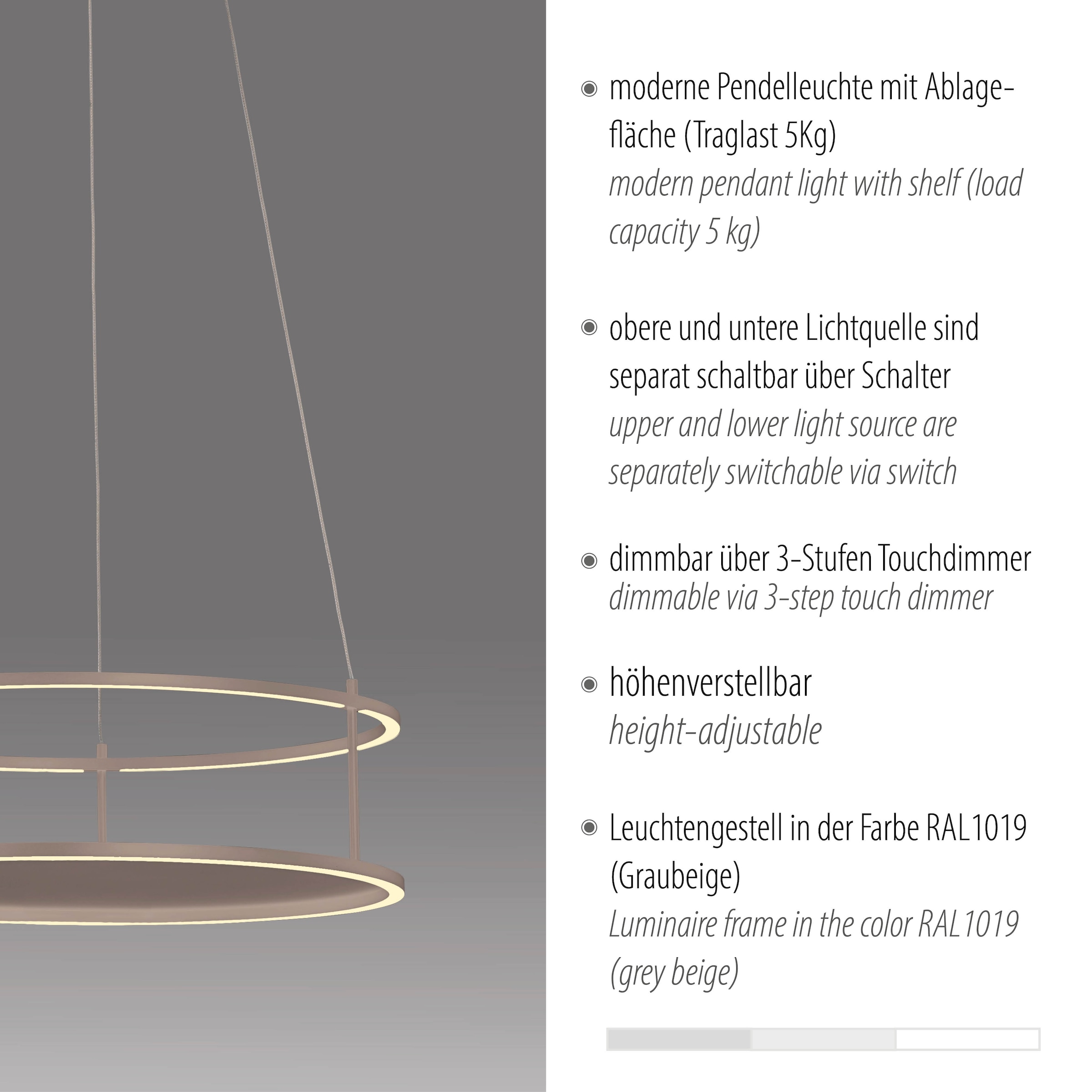 Paul Neuhaus LED Pendelleuchte »CONTURA« LED-Board 1 Stk. Warmweiß Touchdimmer, separat schaltbar, Memoryfunktion, Deko-Ablagefläche