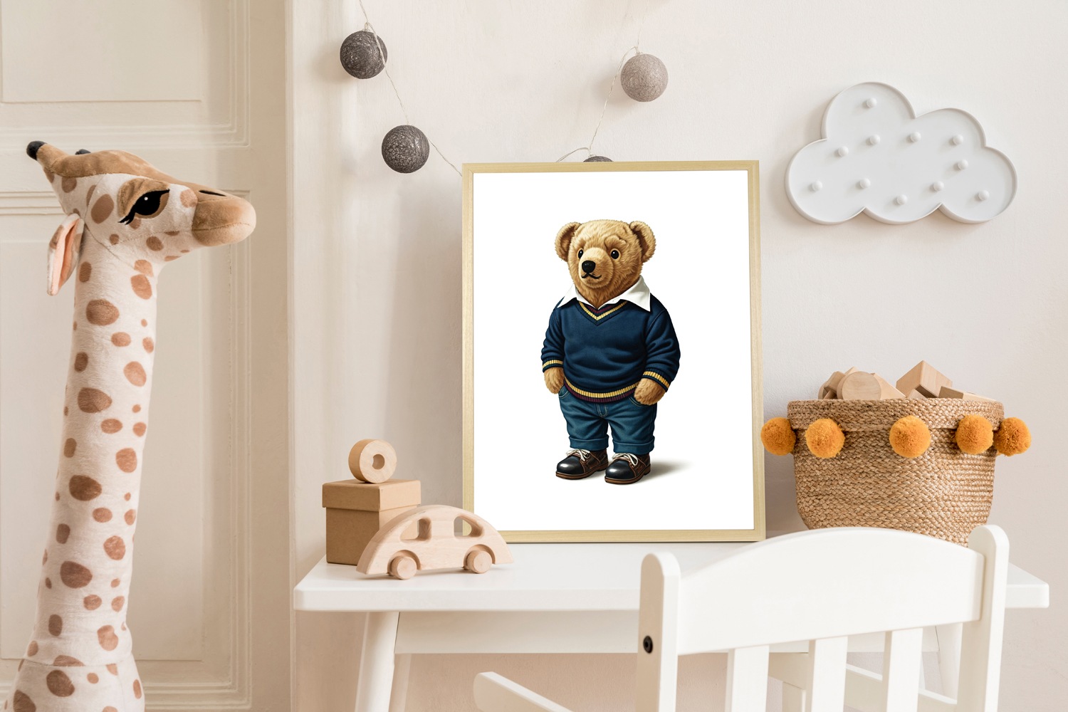 QUEENCE Affiche Encadrée Vintage Polo Teddy Bear Bleu/Beige 50x70cm 3