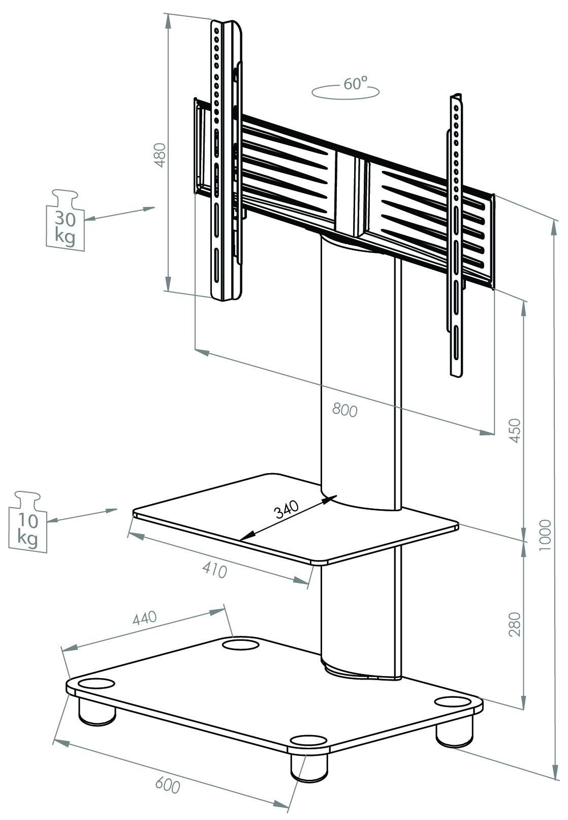 VCM TV-Rack »VCM TV Standfuß mit Zwischenboden | Alu Fernseh Ständer rollbar | ESG-Sicherheitsglas | Maße ca. H. 100 x B. 60 x T. x 44 cm - Tosal ZW«, (VCM Tosal)