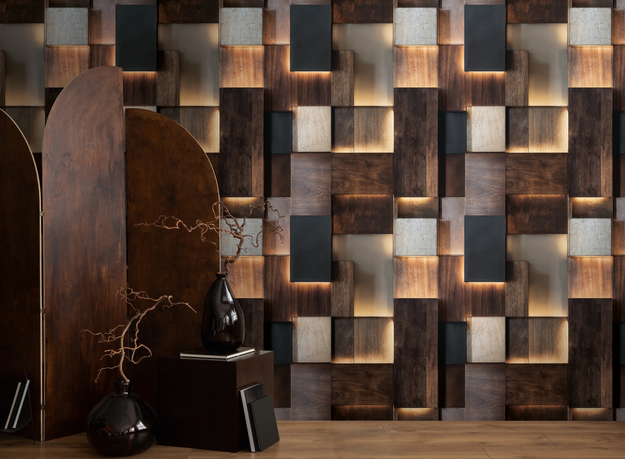 living walls Fototapete "The Wall 4 Graphics – Moderne Holzwandverkleidung Vlies-Fototapete" 3D-Optik Holz matt leicht strukturiert Moderne Holzwandverkleidung mit markanter 3D-Wirkung