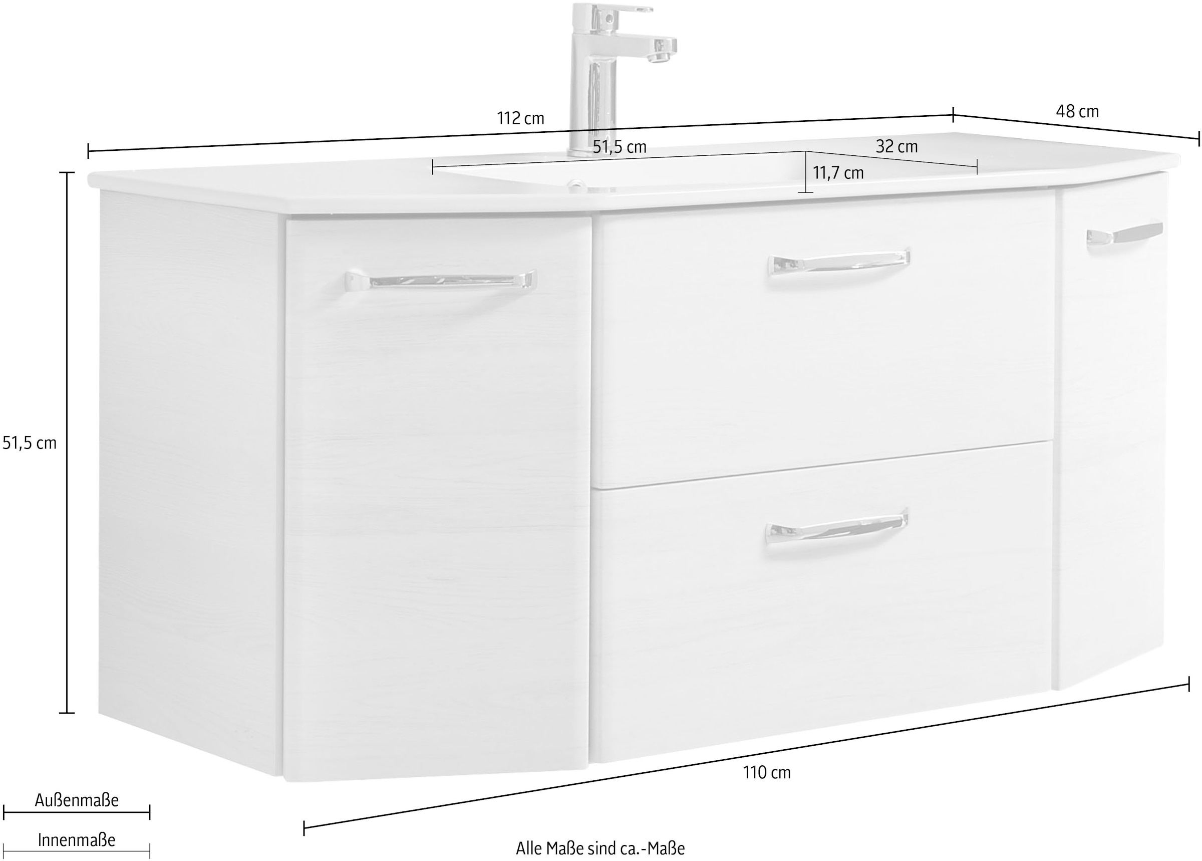 Saphir Waschtisch »Quickset Waschplatz inkl. Keramikwaschtisch, 112 cm breit, 2 Türen«, Unterschrank mit Waschbecken, inkl. Türdämpfer, Griffe Chrom Glanz
