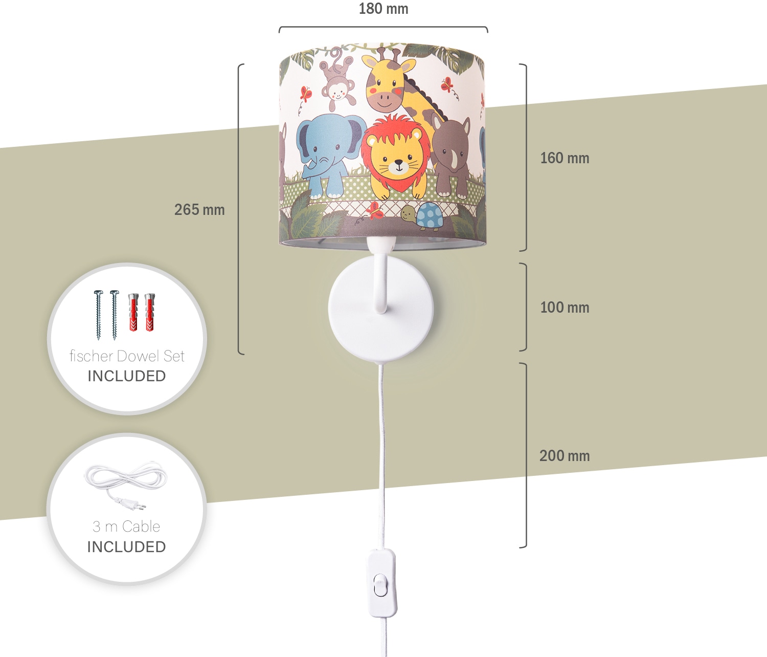 Paco Home Wandleuchte »Diamond 634«, 1 flammig, Leuchtmittel E14 | LED fest integriert, Kinderlampe Innen Mit âˆ…18cm Zoo Tiere Kabellänge 3m E14