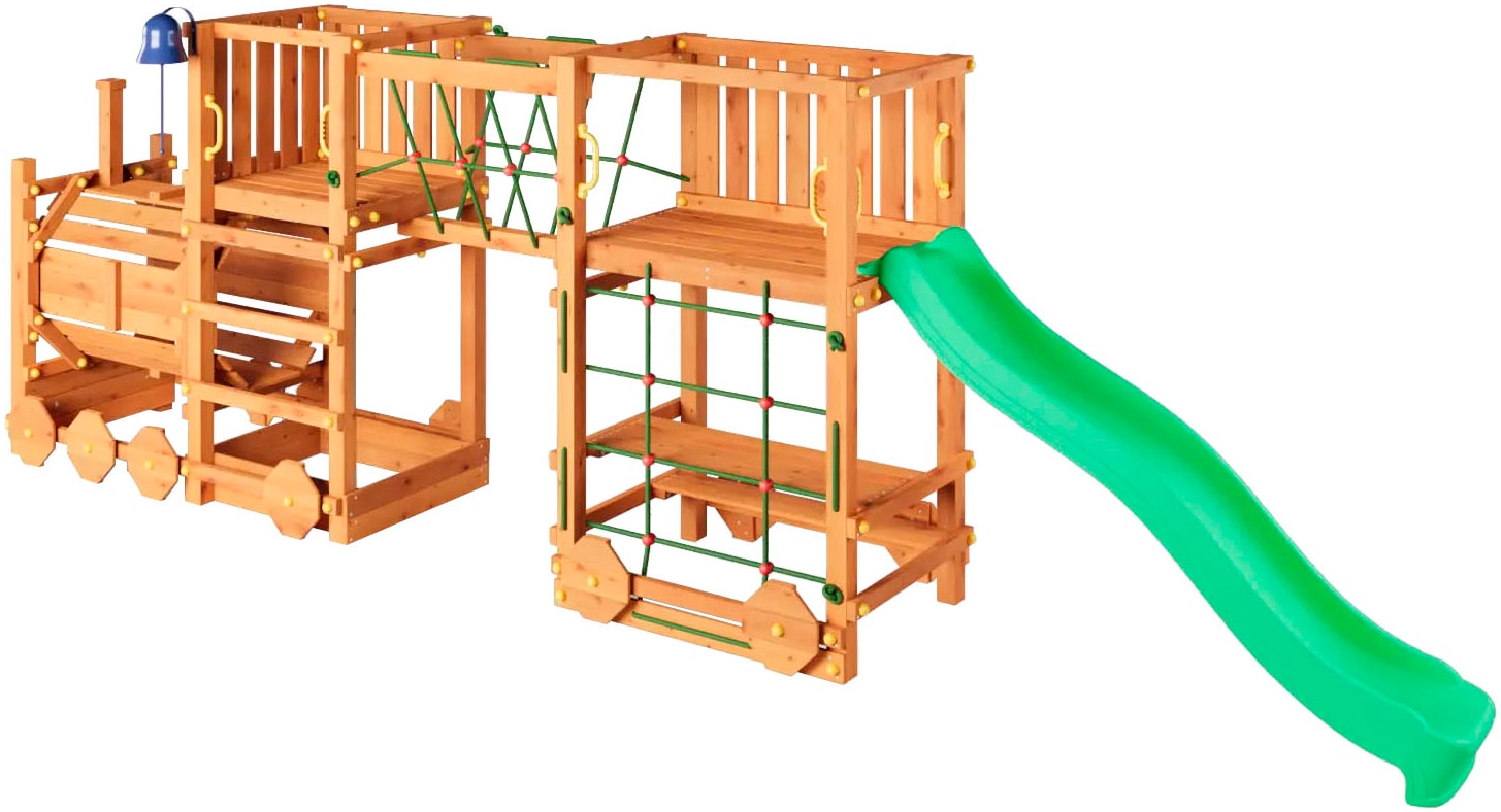 FUNGOO Spielturm »Loco Express, mit Rutsche, Dampflok-Tunnel, Holzdach u. Spielelementen«, Made in Europe