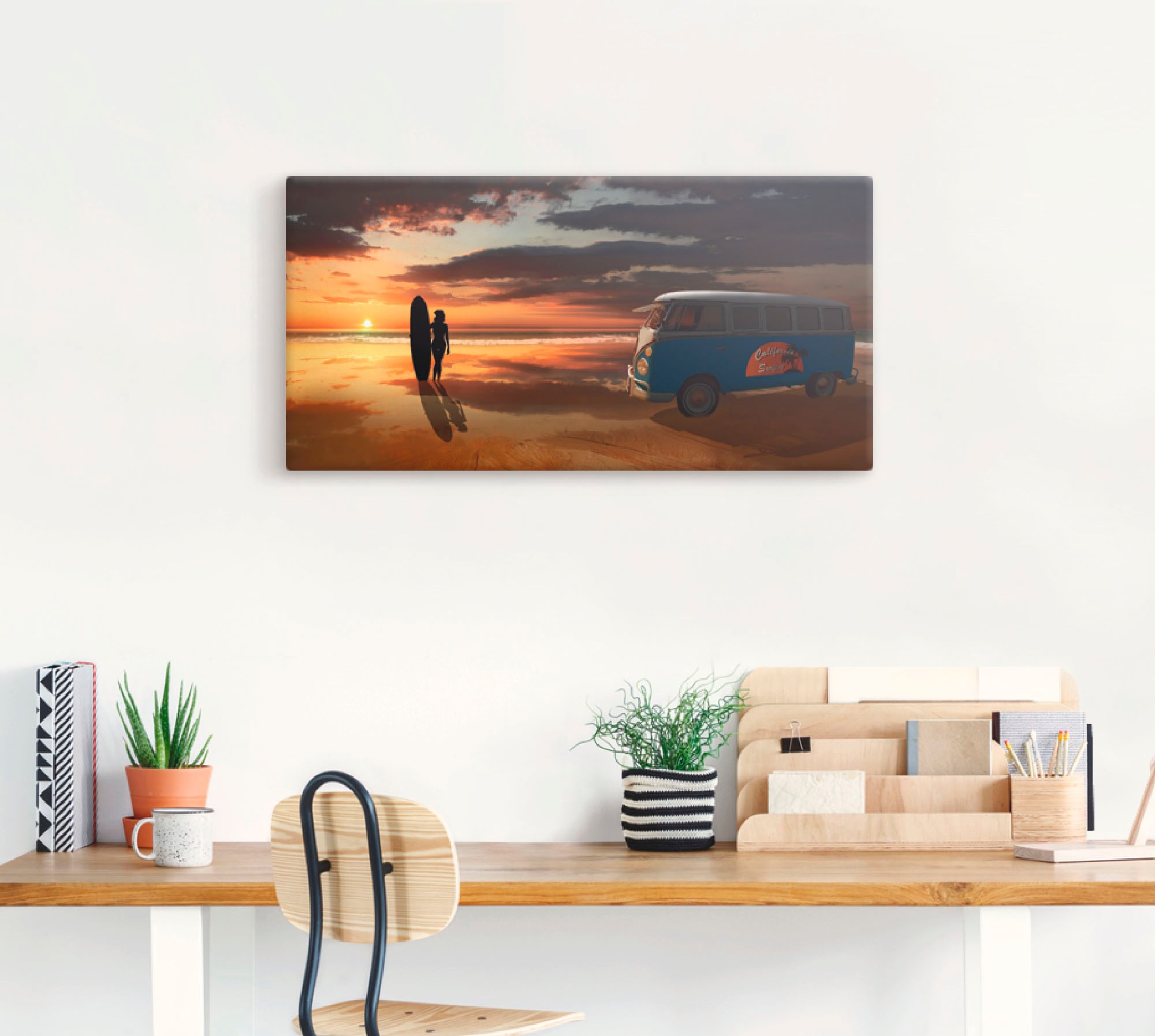 Artland Wandbild »Surfen in Kalifornien mit Bulli T1«, Küste, (1 St.), als Alubild, Outdoorbild, Leinwandbild, Poster, Wandaufkleber