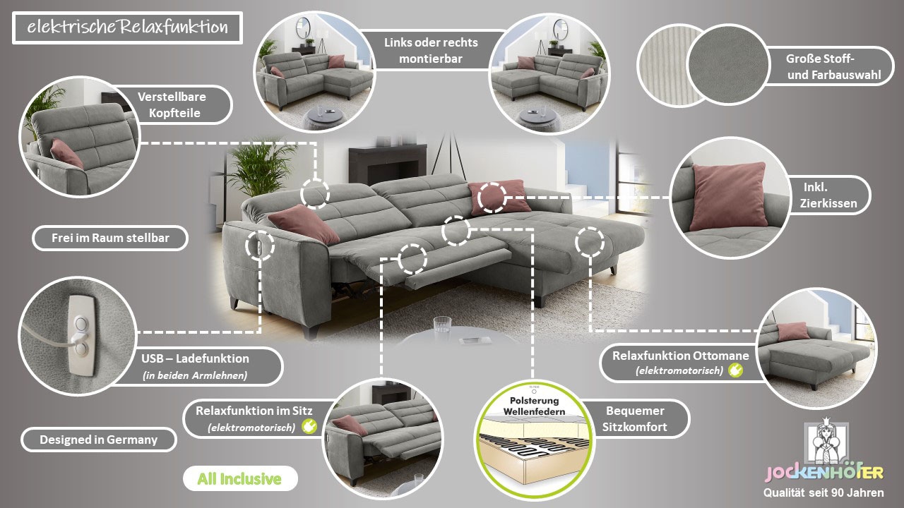 Jockenhöfer Gruppe Ecksofa »Double One L-Form«, mit 2x 120cm breiten, elektromotorischen Relaxfunktionen