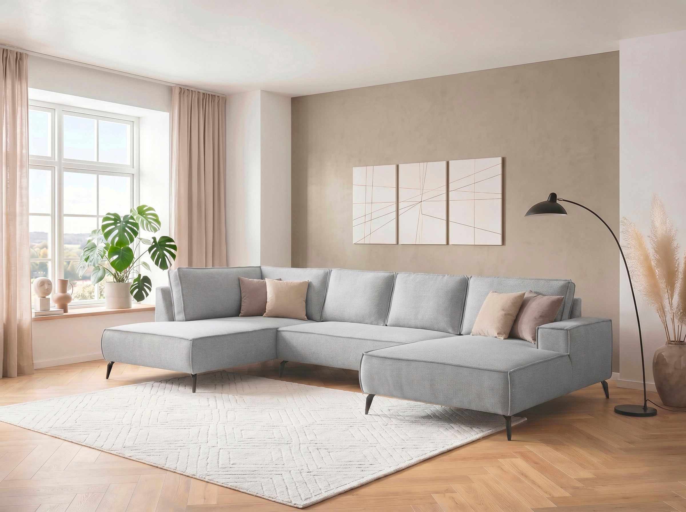 OTTO home Wohnlandschaft »TVINNU Leinenoptik, 354 cm« Recamiere rechts/links, schwarze Metallfüße, bequeme Sitz-/Liegefläche