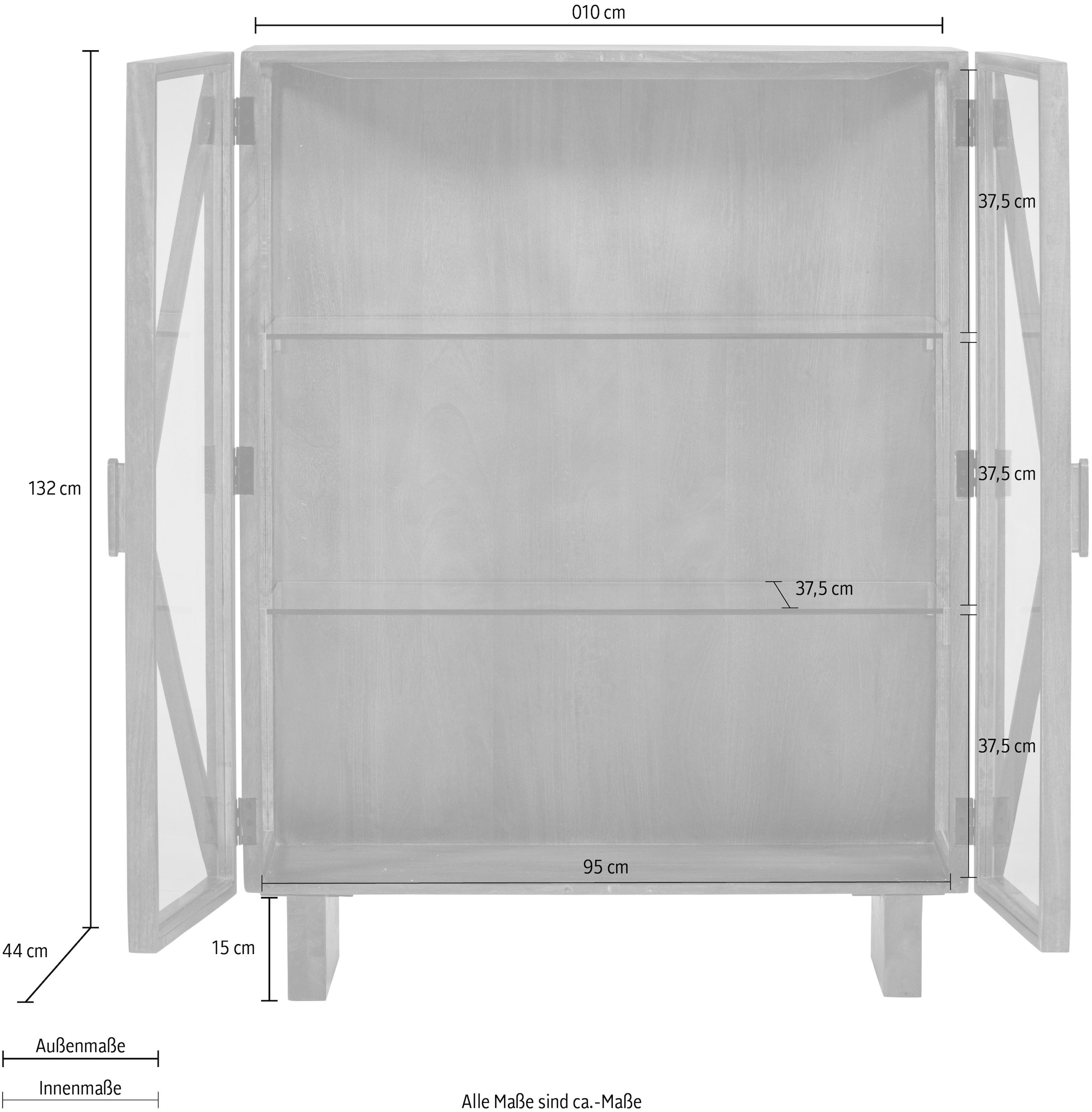 WOOOD Vitrine »Kella Mangoholz mit Glastüren und Glasablagen B 100 x D 44 x H 132 cm« Tragkraft 5–7 kg pro Ablage, Wandbefestigung empfohlen