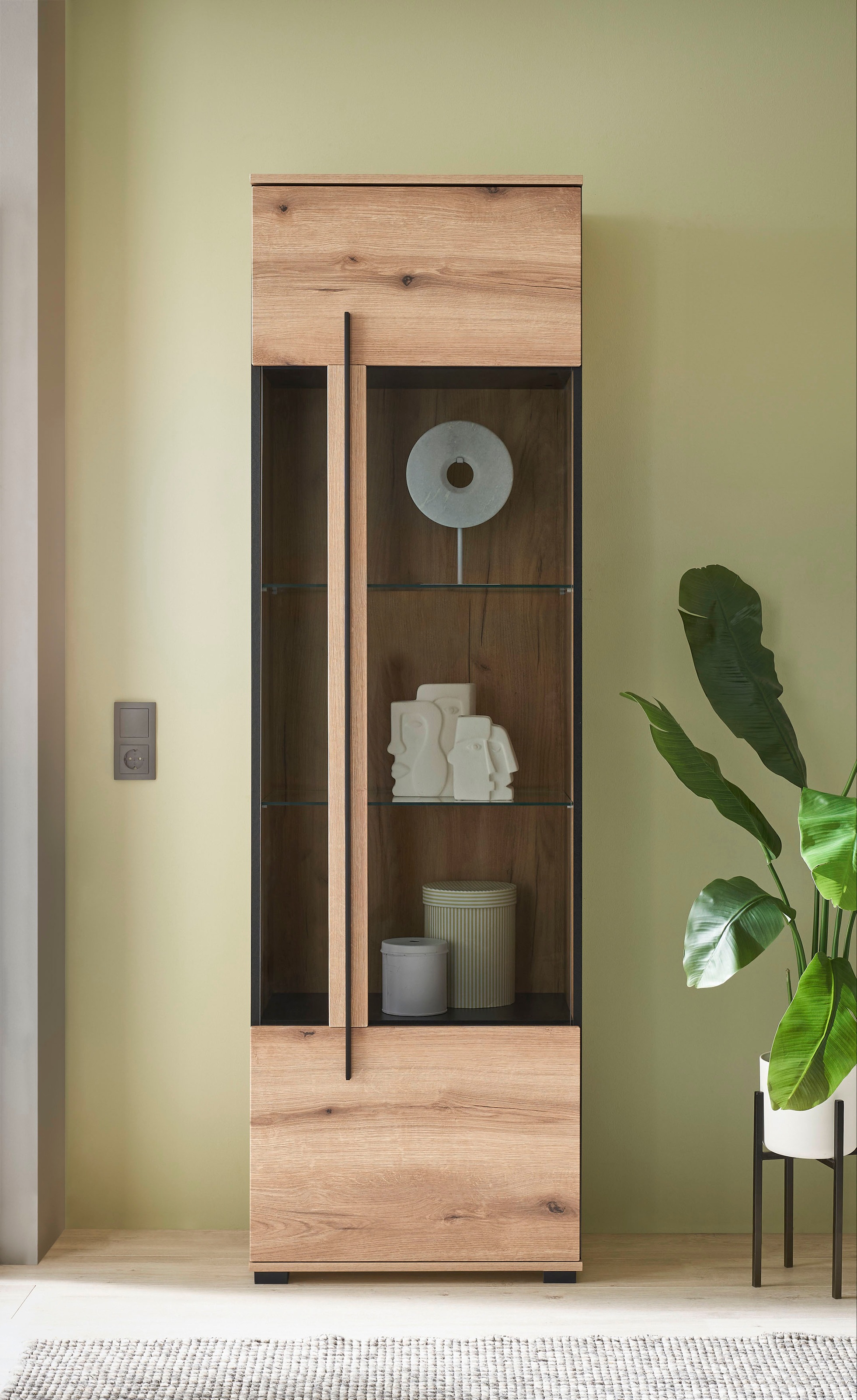 INOSIGN Vitrine »Cantara, Vitrinenschrank in Eiche Evoke oder weiß, Standvitrine«, schwarzer Stangengriff, ausreichend Stauraum, vielseitig einsetzbar
