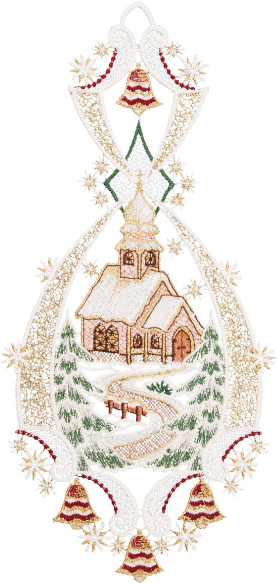 W. Reuter & Sohn - Plauener Spitze® Fensterbild »Landschaft Kirche«, Made in Germany
