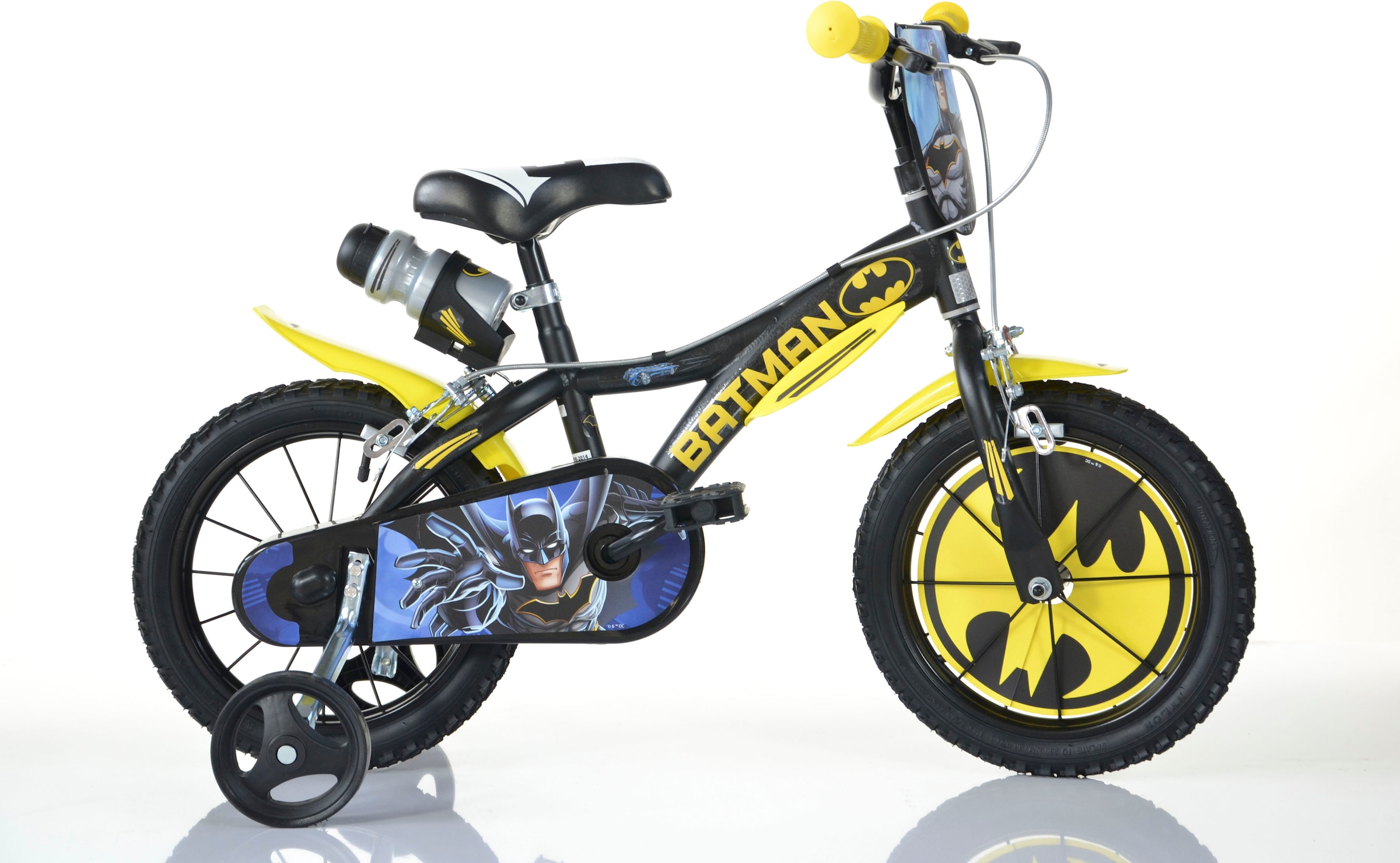 Dino Kinderfahrrad "Batman", 1 Gang, mit Stützrädern, Trinkflasche und Frontschild