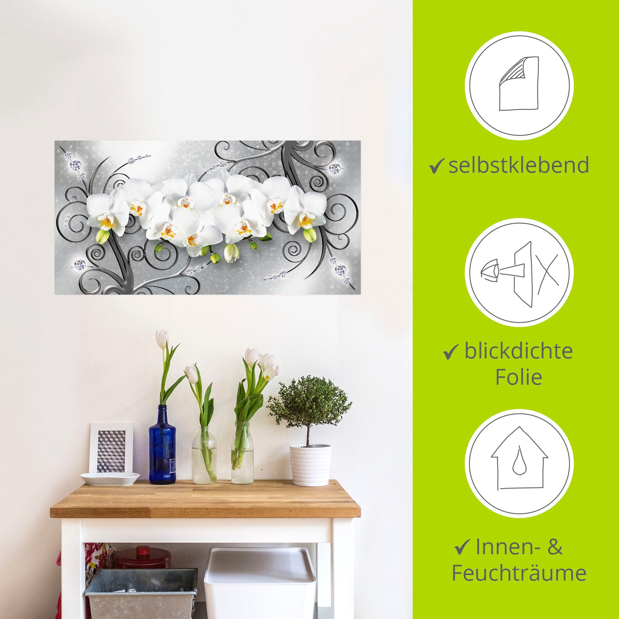 Artland Wandbild »weiße Orchideen auf Ornamenten«, Blumenbilder, (1 St.), als Alubild, Outdoorbild, Leinwandbild, Poster, Wandaufkleber