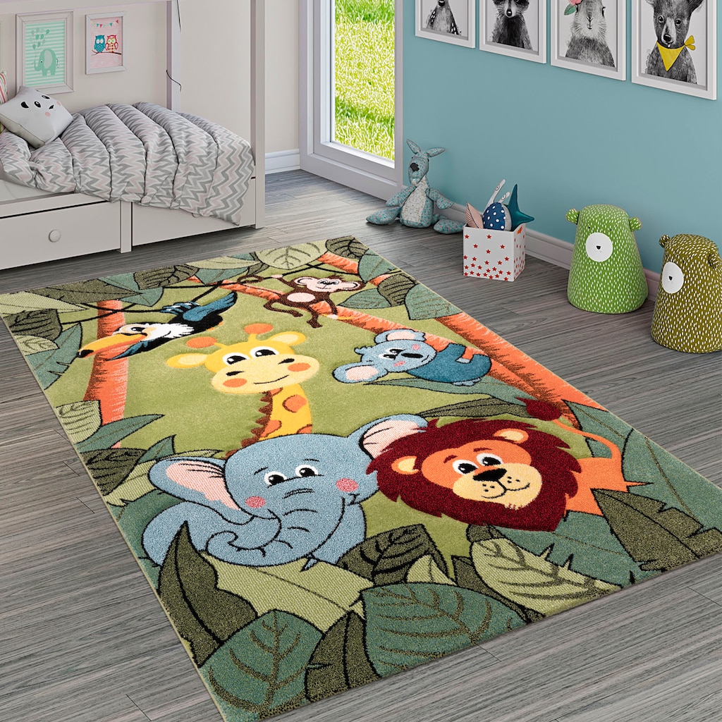 Paco Home Kinderteppich »Diamond 638«, rechteckig, 3D-Design, Motiv Dschungel Tiere, Kinderzimmer