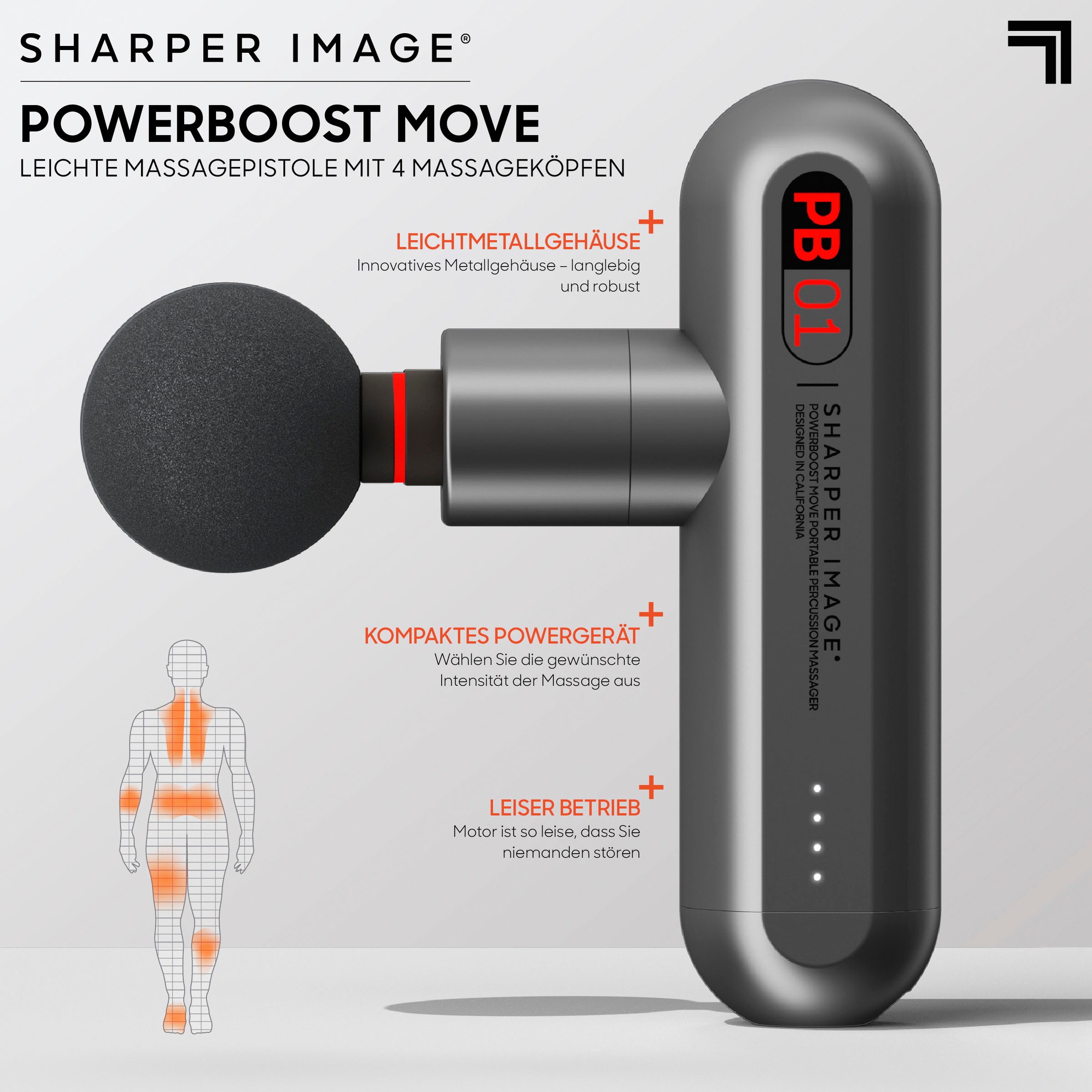 Sharper Image Massagepistole »Kleine Kompakte Massagegun für Muskelentspannung«, mit 4 Aufsätzen & 4 Intensitätsstufen