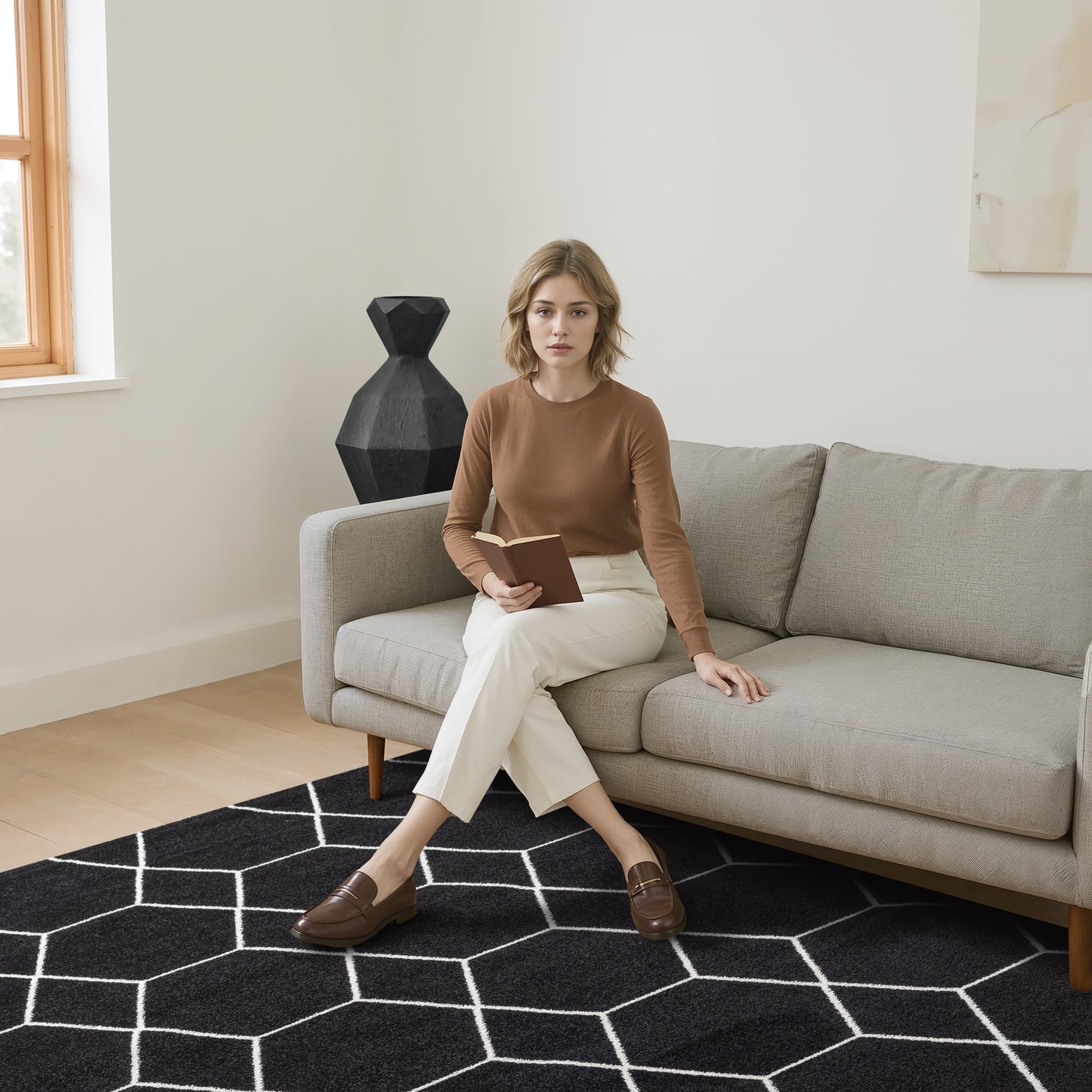 Teppich SANAT "Trellis", schwarz, B:60cm H:10mm L:110cm, Kunstfaser, Teppiche, Teppich, Kurzflor, skandi, boho, auch als Läufer und in rund 2