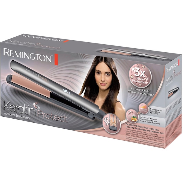 Remington Glätteisen »Keratin Protect, S8598, Haarglätter«, Keramik- Beschichtung mit Keratin und Mandelöl, 3 x mehr Schutz/Hitzeschutzsensor, haarschonend | BAUR