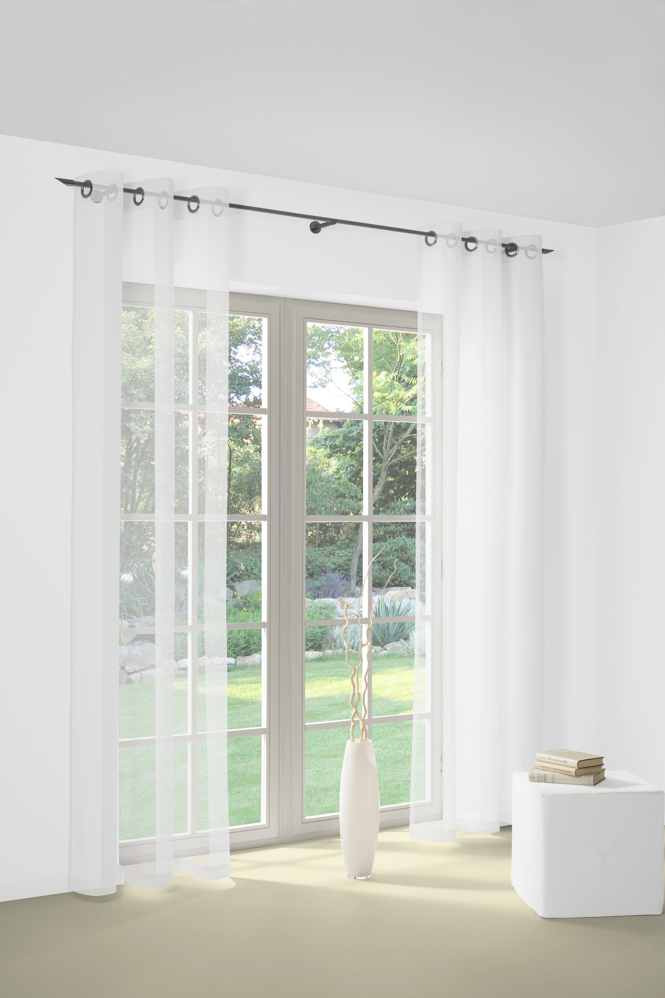 Gardine WIRTH, B:950cm H:125cm, weiß, Polyester, Wohnzimmer, Gardinen, "Bettina", Fertig-Store mit Metallösen nach Maß