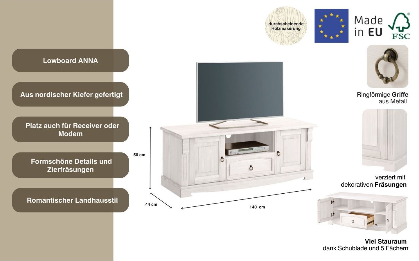 Home affaire Lowboard »Anna«, (Gesamtmaße (B/T/H): ca. 140/44/50 cm), TV-Board, Breite 140 cm, 2 Türen, 1 Schublade, Massivholz, FSC®