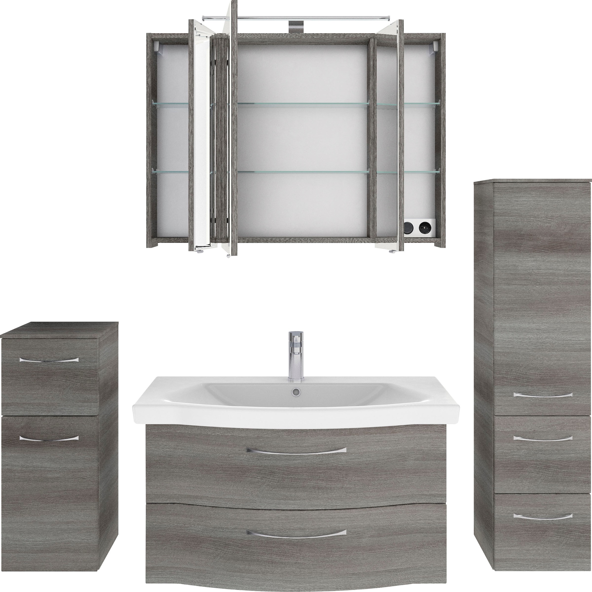 Saphir Badmöbel-Set »6005 Sprint 4-teilig, Keramik-Waschtisch mit LED-Spiegelschrank«, (5 St.), Unterschrank, Midischrank, inkl. Türdämpfer, 5 Türen, 5 Schubladen