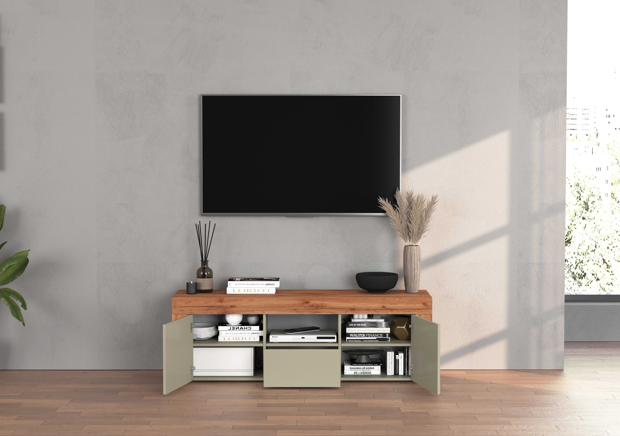 INOSIGN Lowboard »CHRONOS Breite 155 cm mit 2 Türen, 1 Schublade,1 offenes Fach«, (1 St.), TV-Board, Sideboard niedrig, Grifflos mit Push to Open 'Made in Italy'
