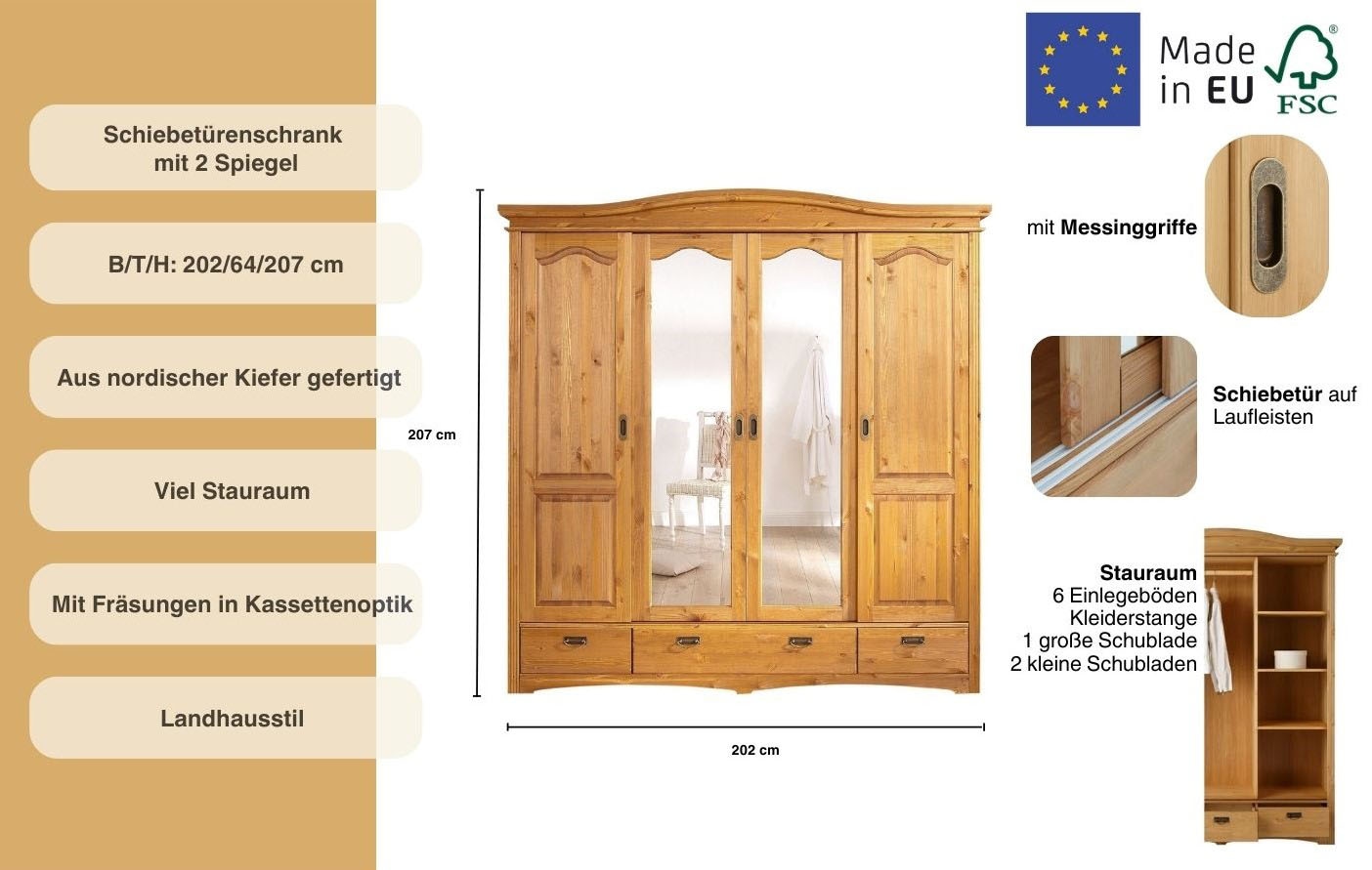 Home affaire Schiebetürenschrank »Konrad, Landhausstil, rustikal, mit Schubladen + Spiegel, Kassetten«, (3 Breiten: 153/202/249 cm H/T ca.207/64 cm), massive Kiefer, FSC®-zertifiziert, Messinggriffe, mehrere Varianten