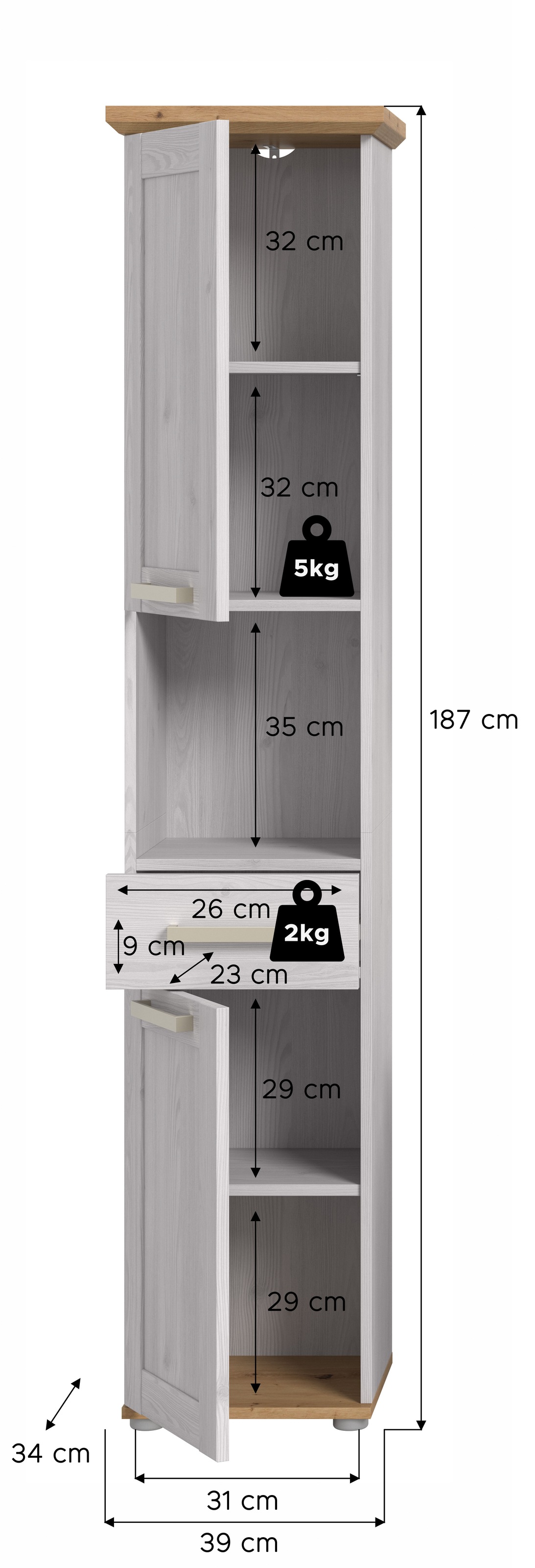 welltime Hochschrank »COSENZA, Höhe 187cm, 2 Türen, 1 Schubkasten, 1 offenes Fach« in Landhausoptik, mit weiteren Artikel der Serie kombinierbar, 1 Stk. tlg. Hochschrank, Bad, Badezimmerschrank