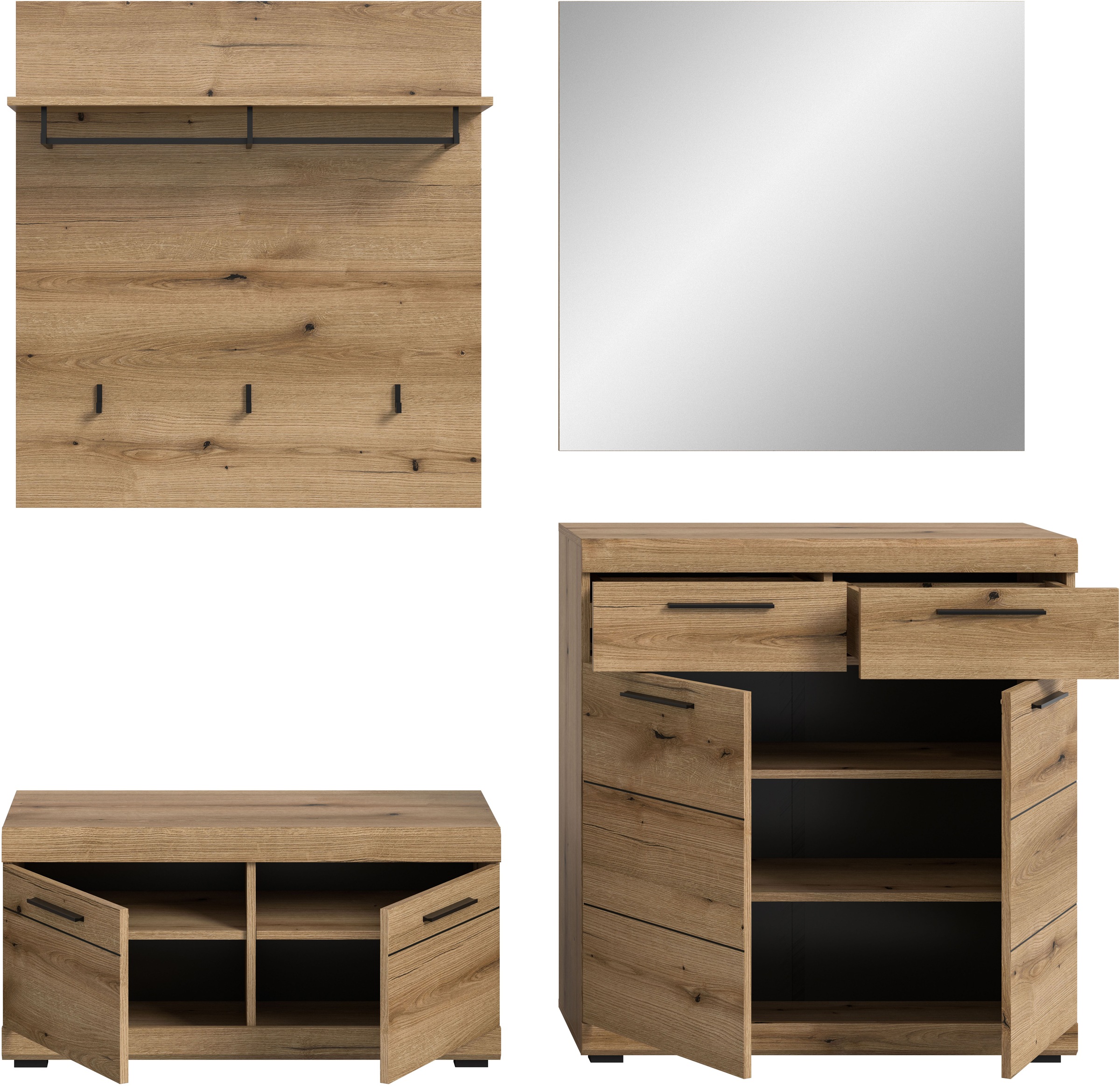 INOSIGN Garderoben-Set »Siena, Fronten mit hochwertiger Rillenfräsung, 4-teilig,bestehend aus:«, (Komplett-Set, 4 St.), Scout Garderobenkombination 4-tlg., Flur, Diele