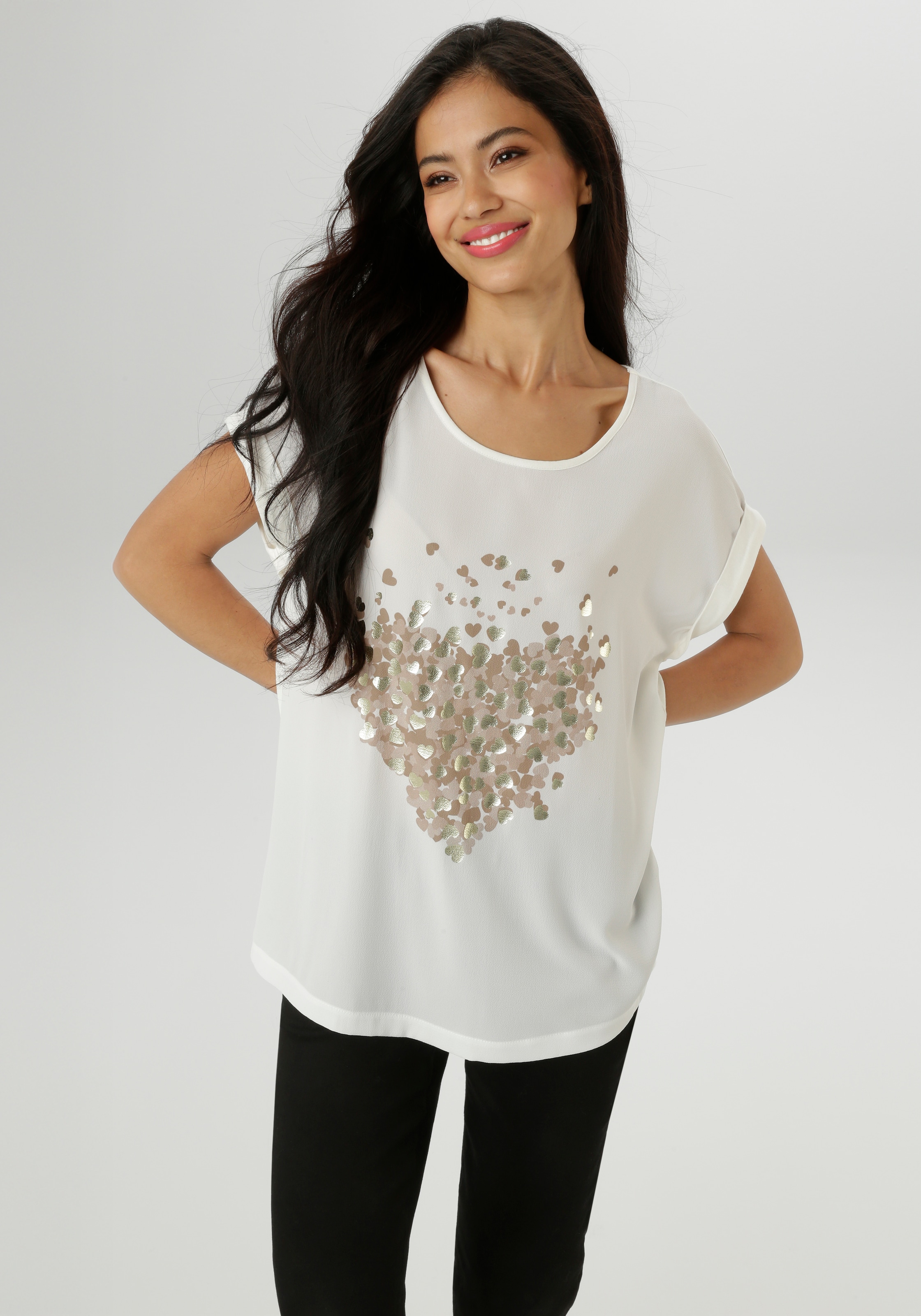 Aniston SELECTED Shirtbluse, mit glänzenden, goldfarbenen Herzen bedruckt - günstig online kaufen