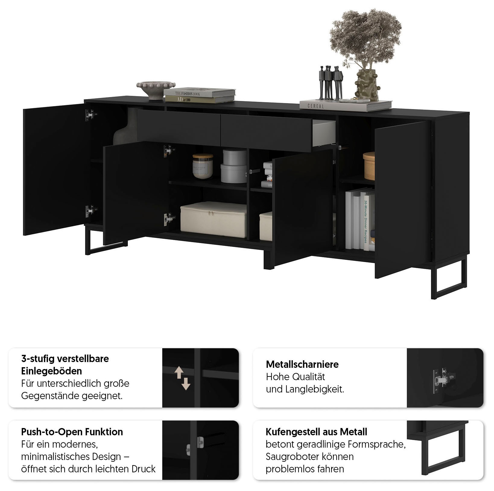 OTTO home Sideboard »Olbia, Breite 208,5 cm, grifflose Kommode 4 Türen/2 Schubkästen.« Schubladenkommode mit viel Stauraum, Einlegeböden verstellbar