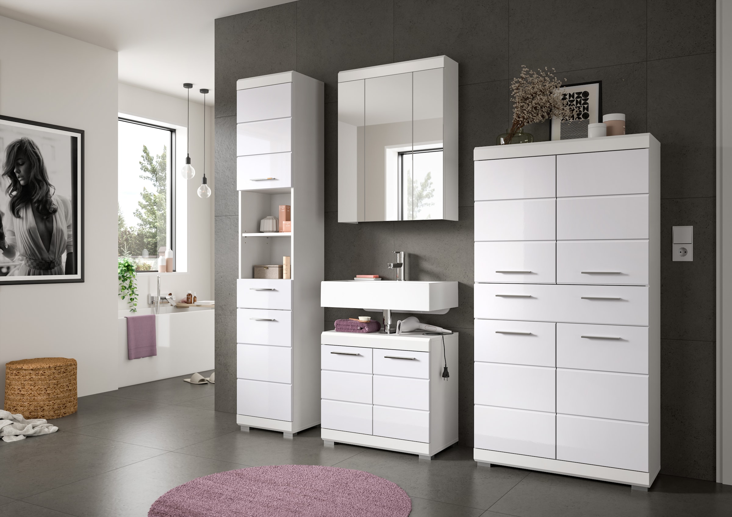 INOSIGN Badmöbel-Set »Siena, 4 teilig, bestehend aus:«, (Set), Hochschrank, Waschbeckenunterschrank, Spiegelschrank, Midischrank
