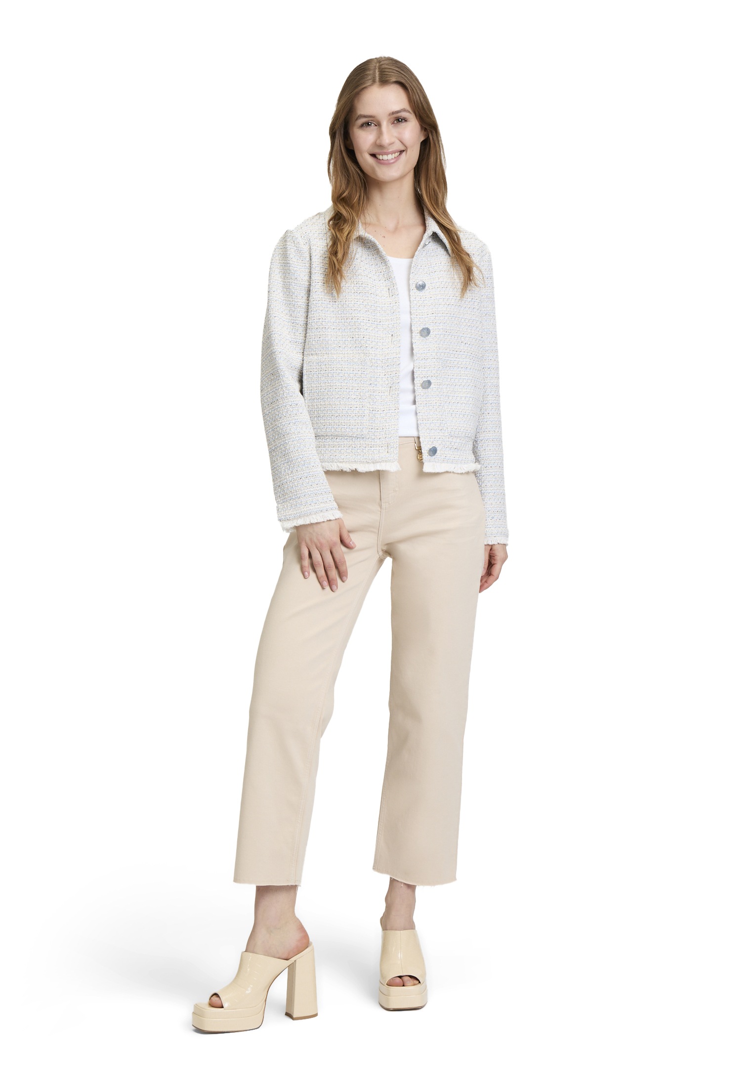 Jackenblazer CARTOON "Damen mit Fransen", Damen, Gr. 44, blau (nature, blau), Obermaterial: 75% Baumwolle, 25% Polyester; Futter: 100% Acetat, gerade normal, Rundhals, Blazer, Material 3