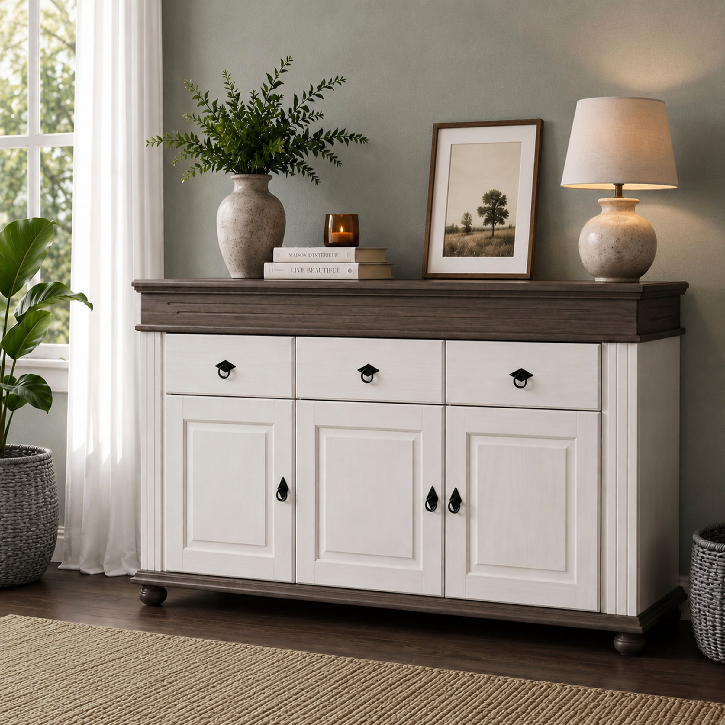 Inter Link Anrichte »Halmaro, Kiefer Massivholz, Soft-close, 141 x 46 x 100 cm, Stauraum« 1 Stk. tlg. Sideboard in Weiss, Grau/Lava, Landhausstil, 3 Türen, 3 Schubladen