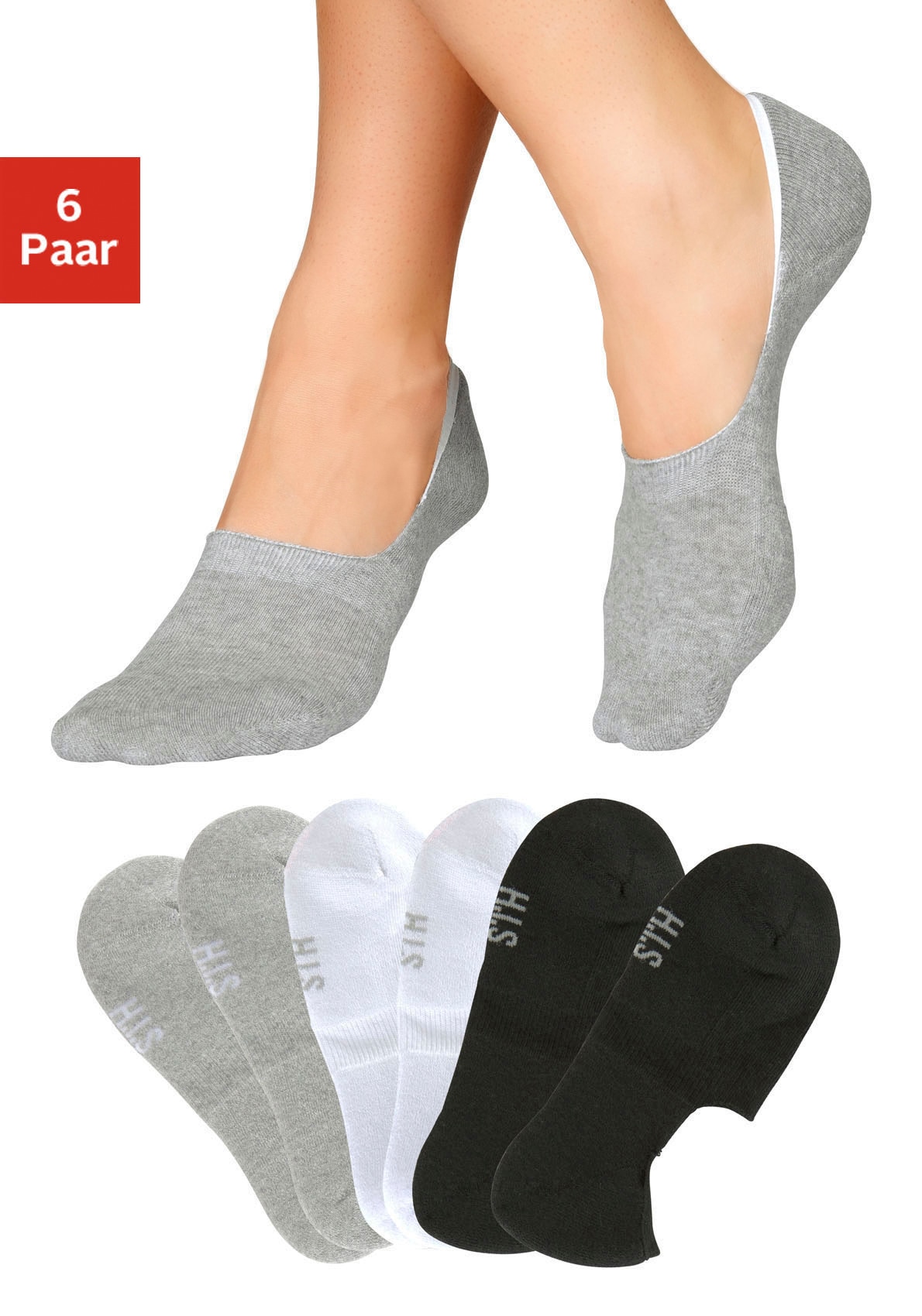 H.I.S Füßlinge "Damen Herren No Show Sneaker socken Atmungsaktiv" Packung, 6 Stk. tlg. mit softem Frottee
